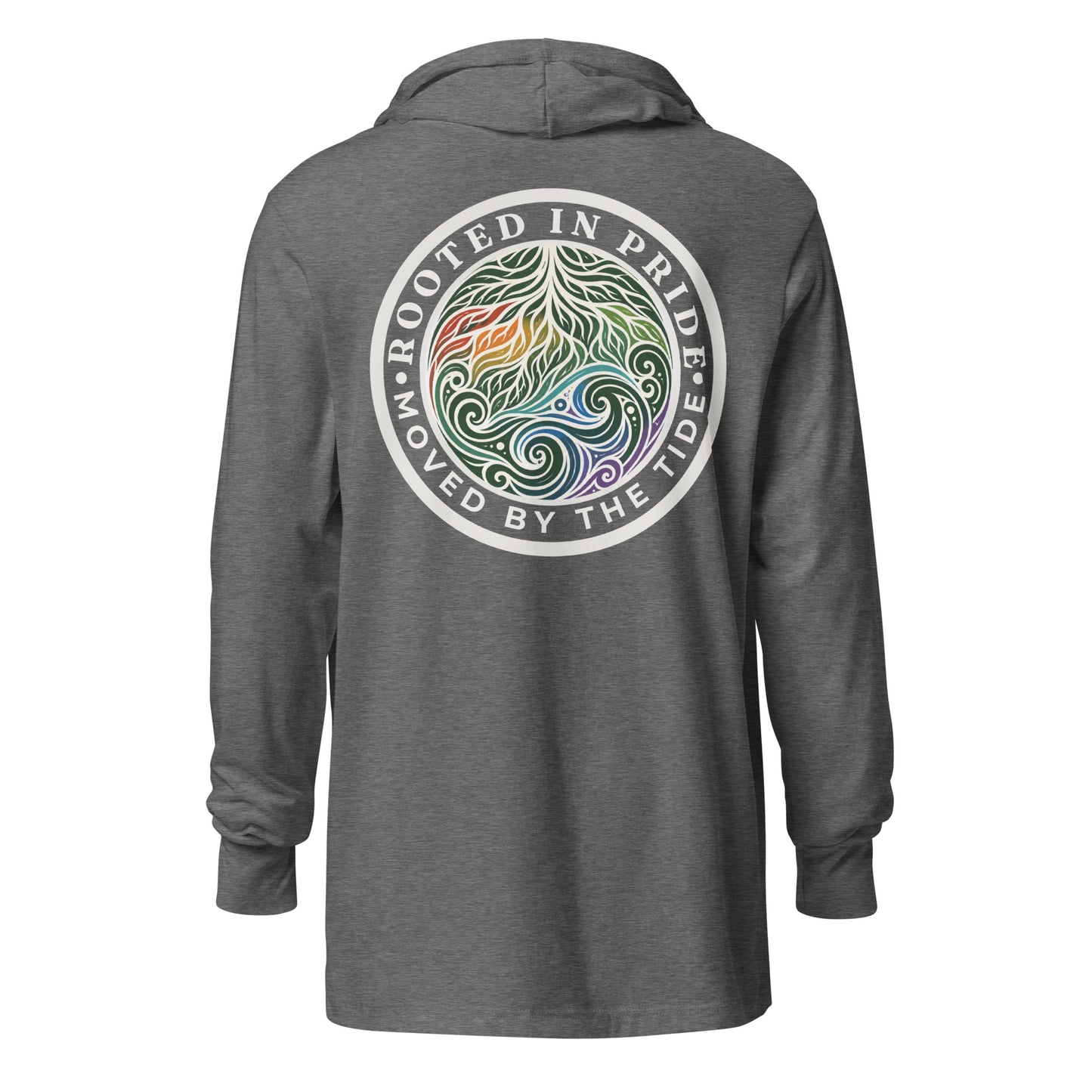 Moved by the Tide Hooded Long Sleeve Tee — grey triblend, back view, queer-owned PNW Pride apparel