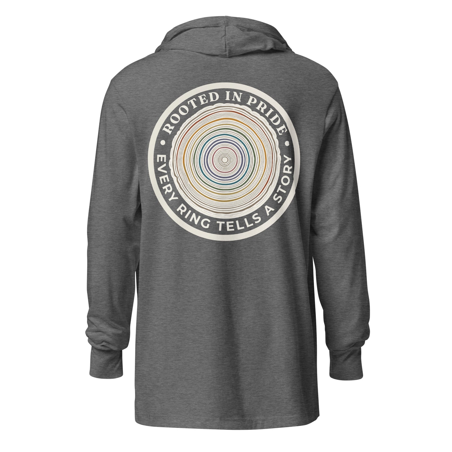 Quiet Rings Hooded Long Sleeve Tee — grey triblend, back view, queer-owned PNW Pride apparel