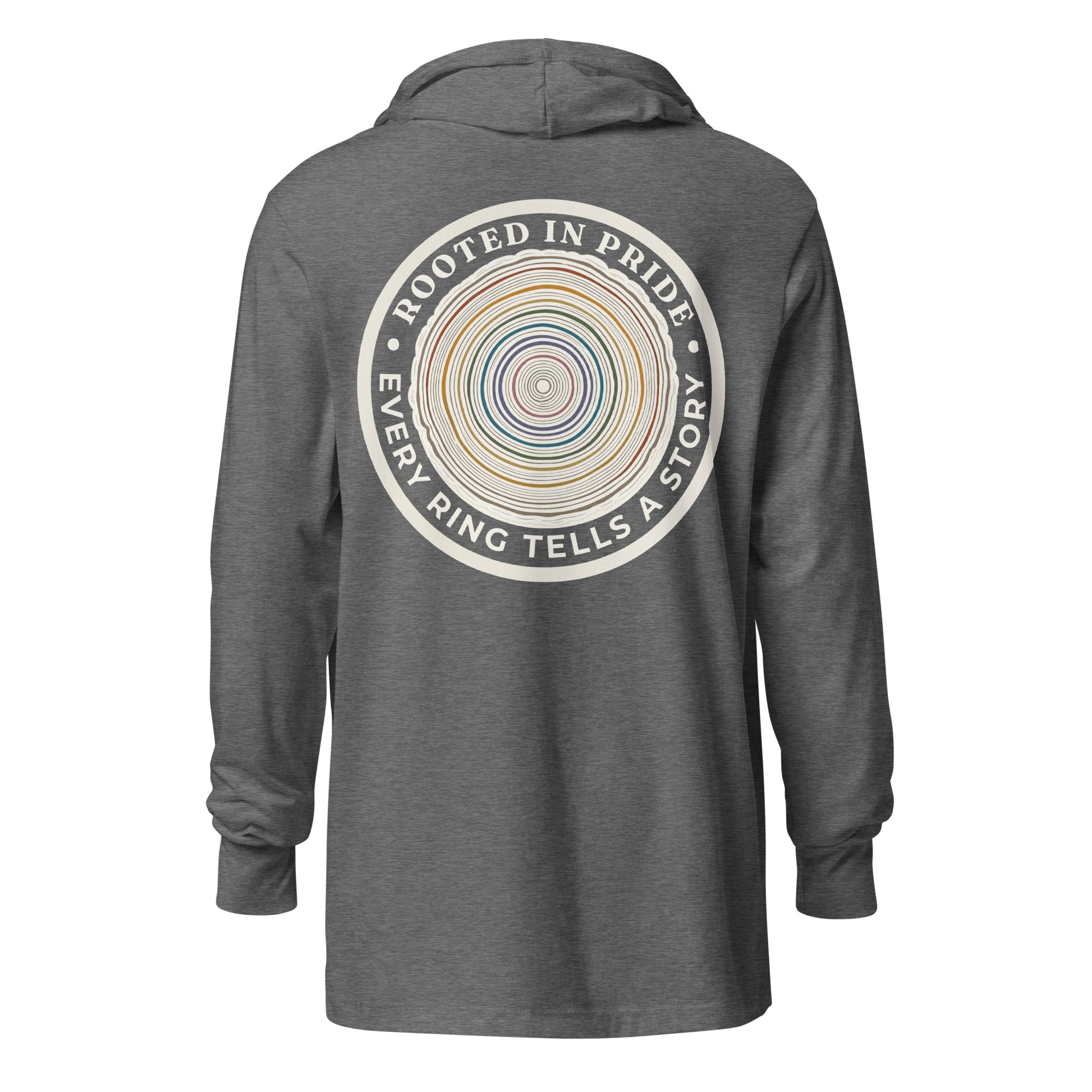 Quiet Rings Hooded Long Sleeve Tee — grey triblend, back view, queer-owned PNW Pride apparel
