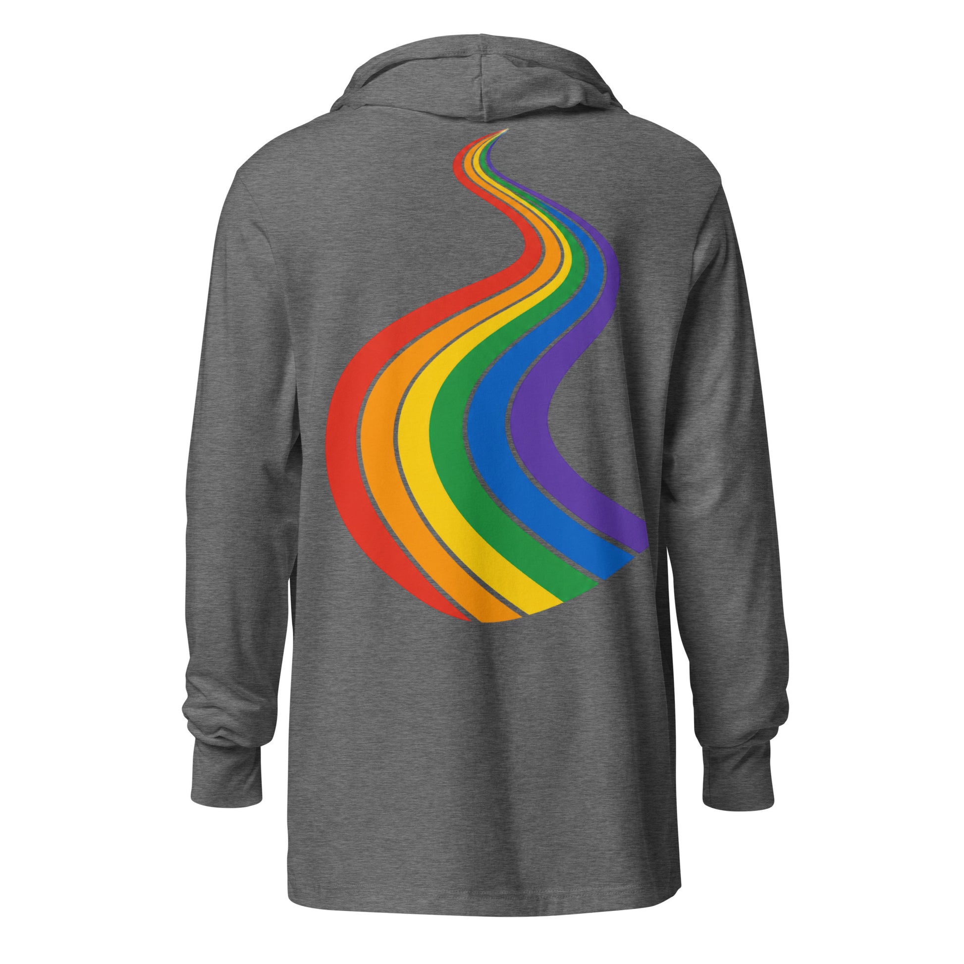 ProudPath Hooded Long Sleeve Tee — grey triblend, back view, queer-owned PNW Pride apparel