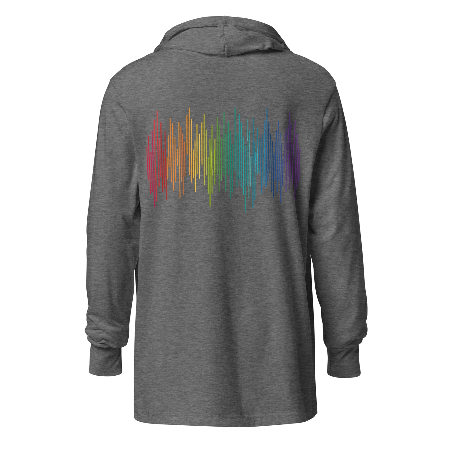 PrideFall Hooded Long Sleeve Tee — grey triblend, back view, queer-owned PNW Pride apparel