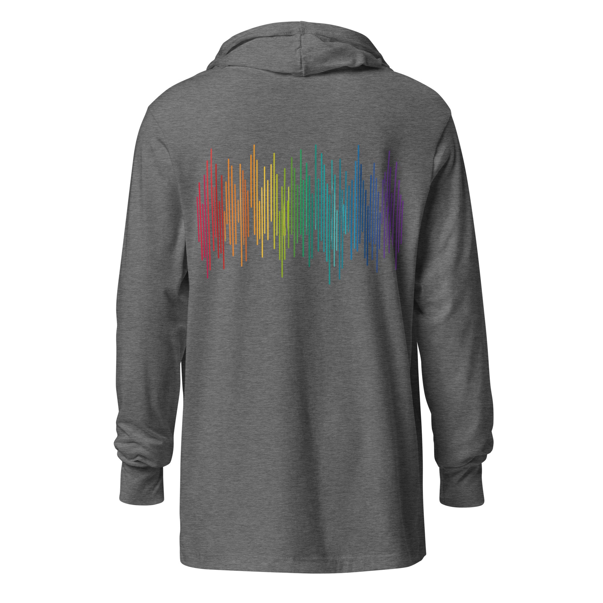 PrideFall Hooded Long Sleeve Tee — grey triblend, back view, queer-owned PNW Pride apparel