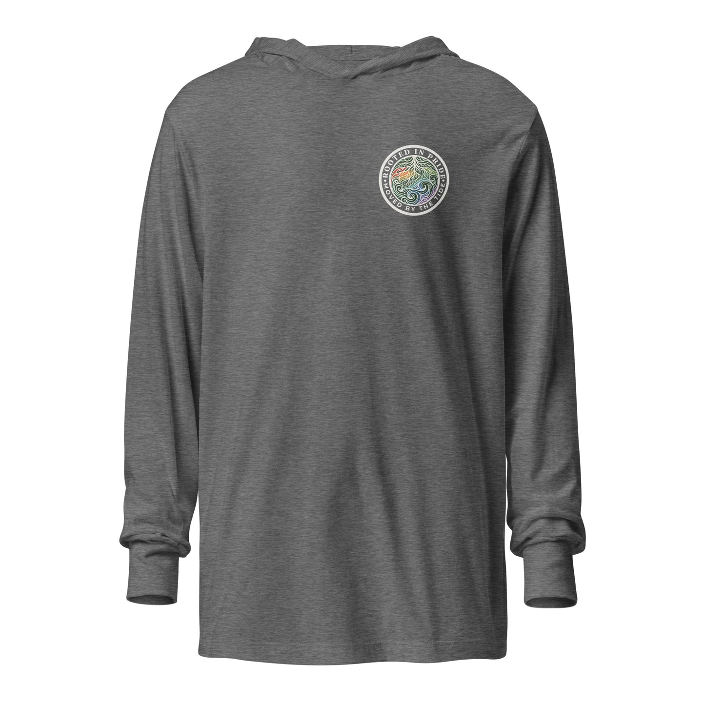 Moved by the Tide Hooded Long Sleeve Tee — grey triblend, front view, queer-owned PNW Pride apparel