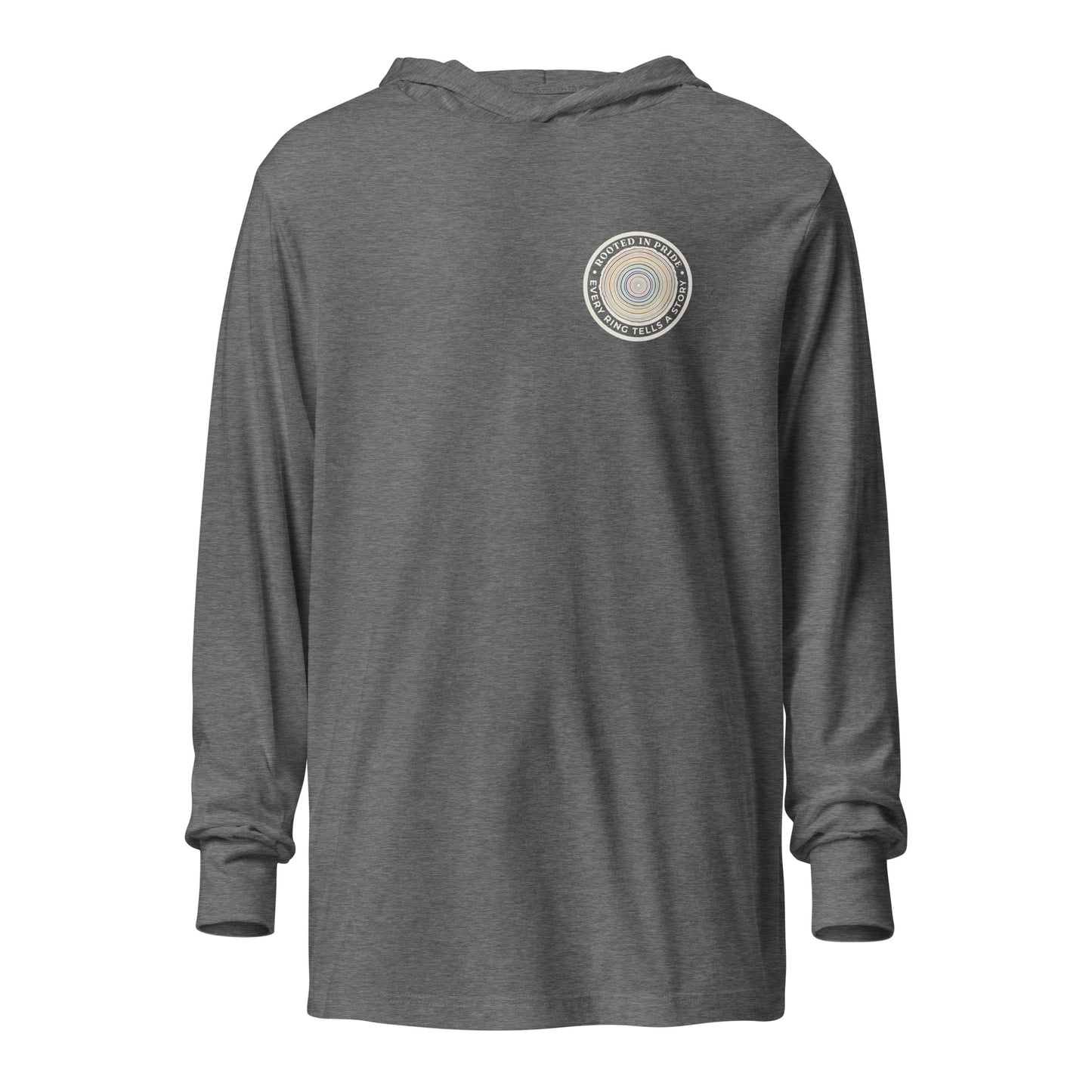 Quiet Rings Hooded Long Sleeve Tee — grey triblend, front view, queer-owned PNW Pride apparel