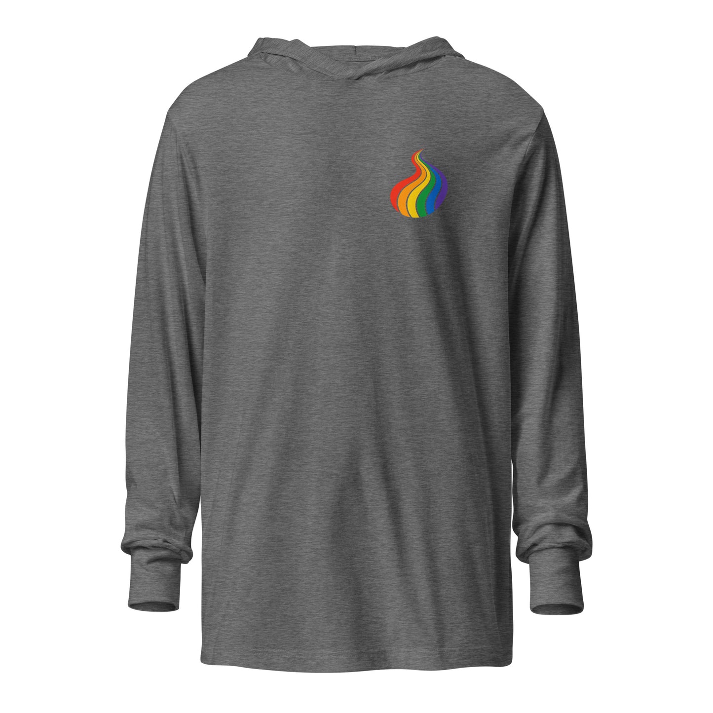 ProudPath Hooded Long Sleeve Tee — grey triblend, front view, queer-owned PNW Pride apparel