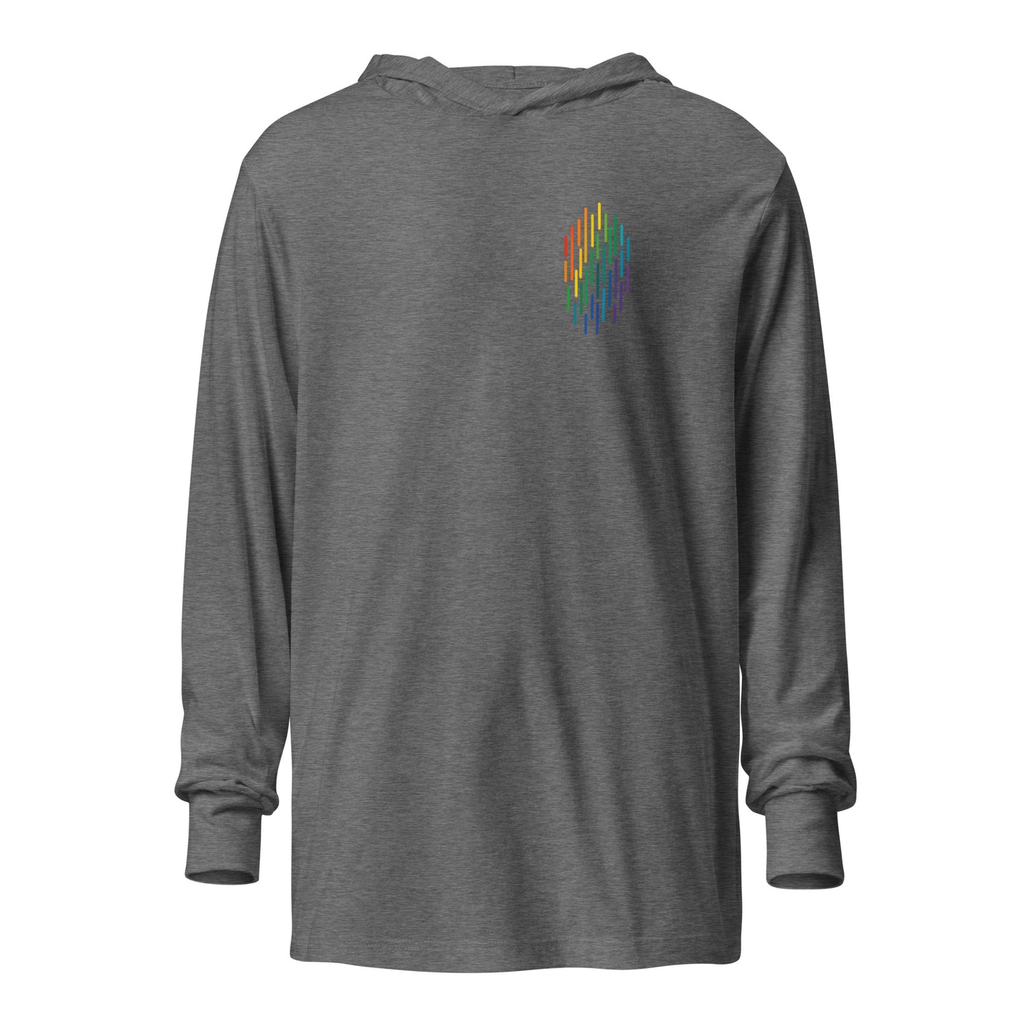 PrideFall Hooded Long Sleeve Tee — grey triblend, front view, queer-owned PNW Pride apparel