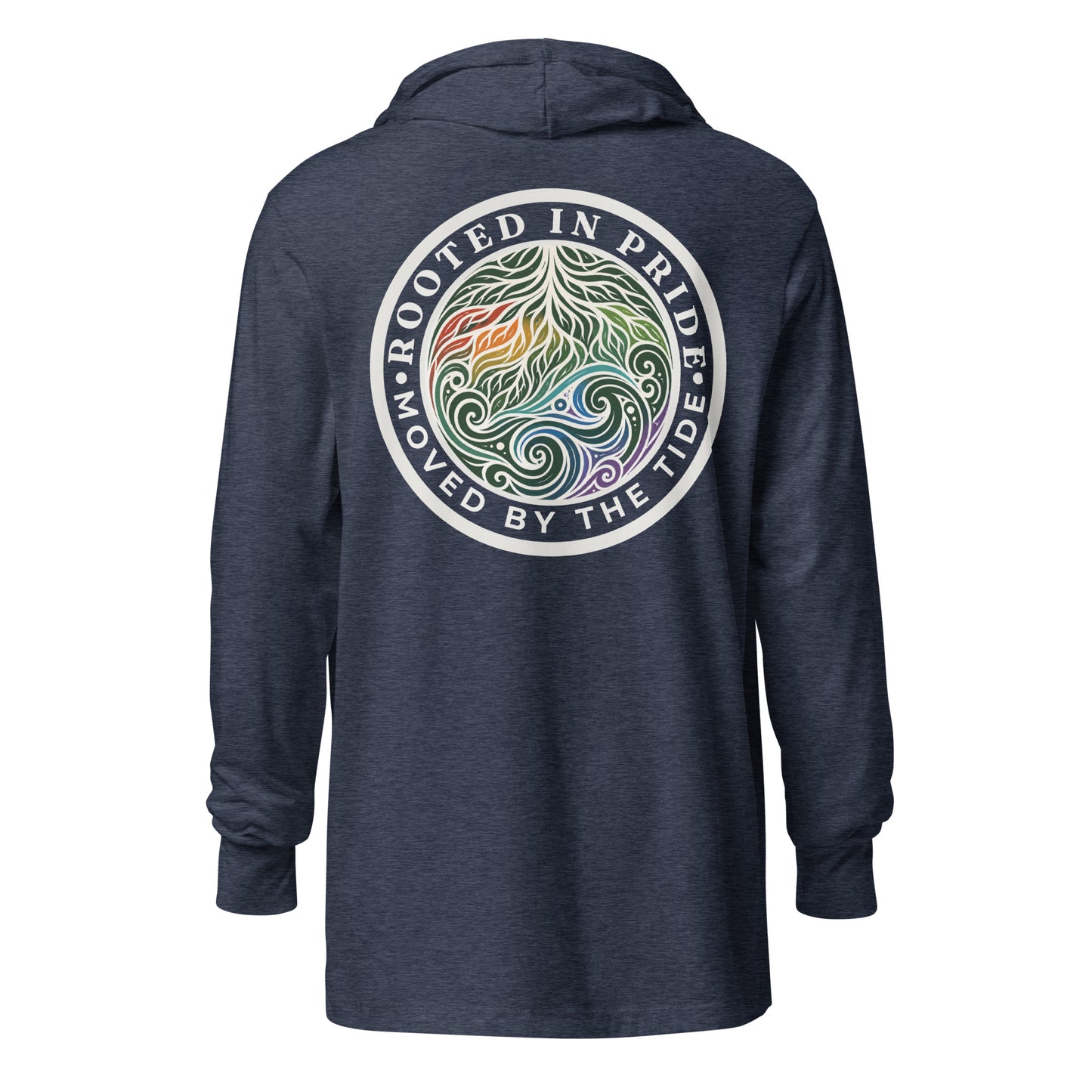 Moved by the Tide Hooded Long Sleeve Tee — heather navy, back view, queer-owned PNW Pride apparel