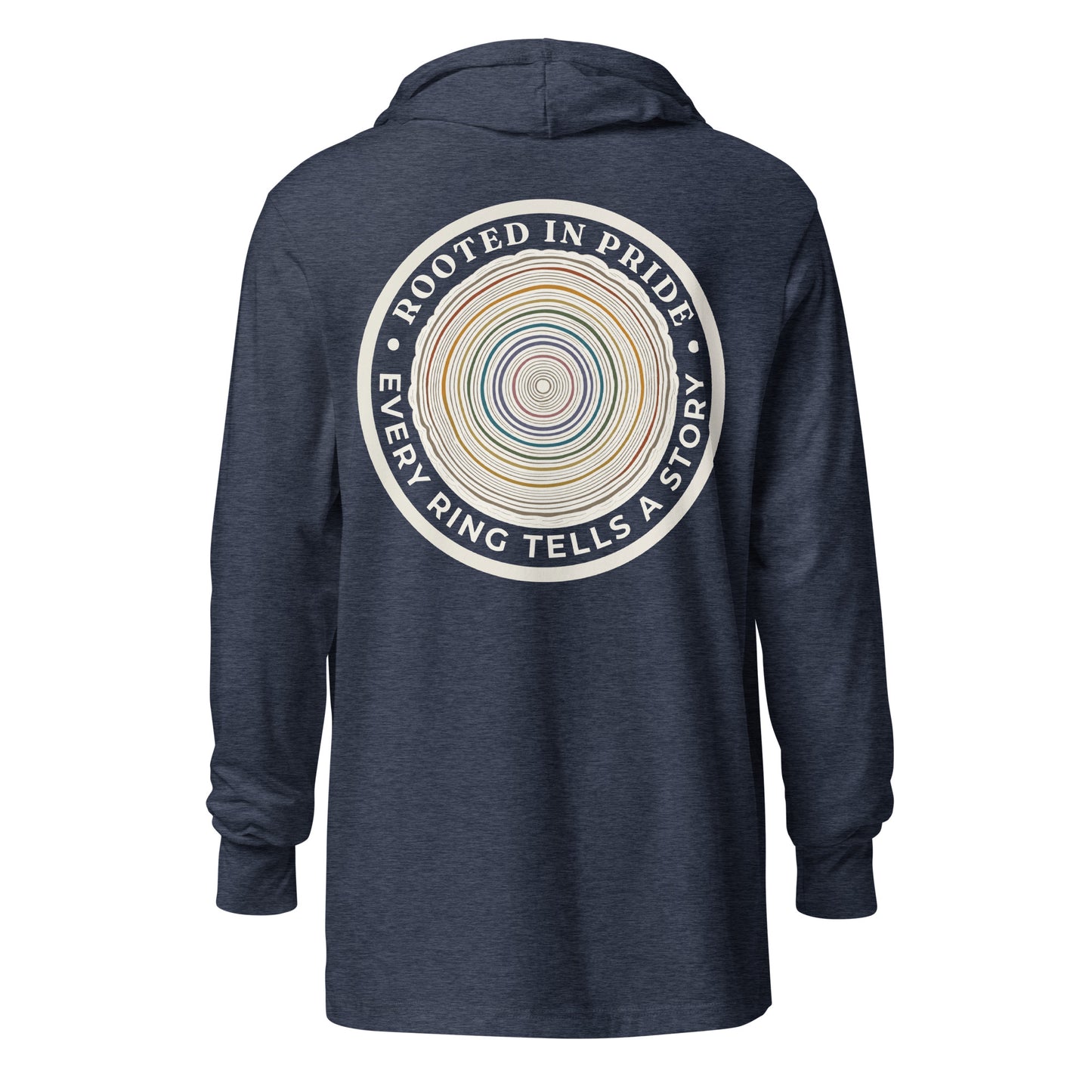Quiet Rings Hooded Long Sleeve Tee — heather navy, back view, queer-owned PNW Pride apparel