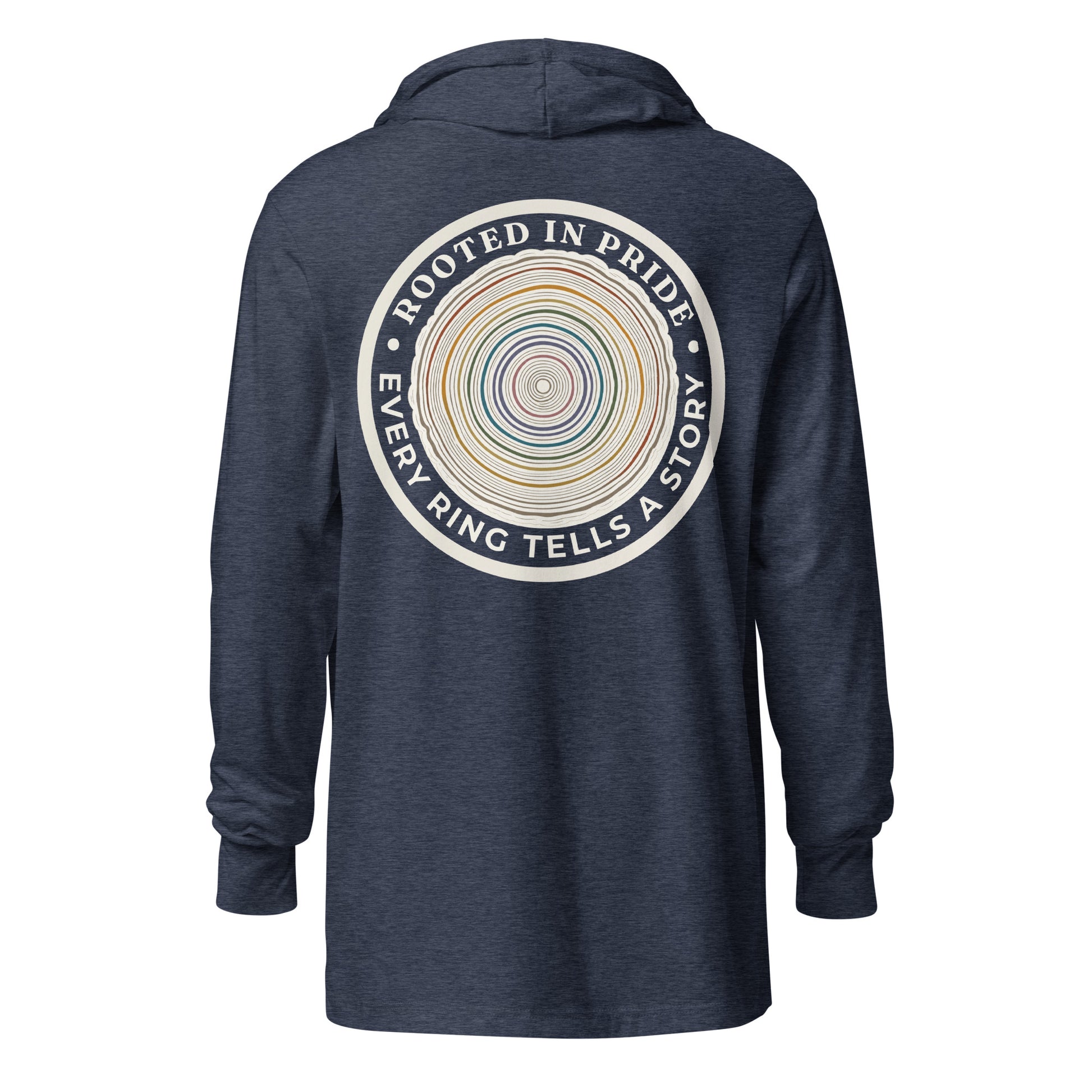 Quiet Rings Hooded Long Sleeve Tee — heather navy, back view, queer-owned PNW Pride apparel