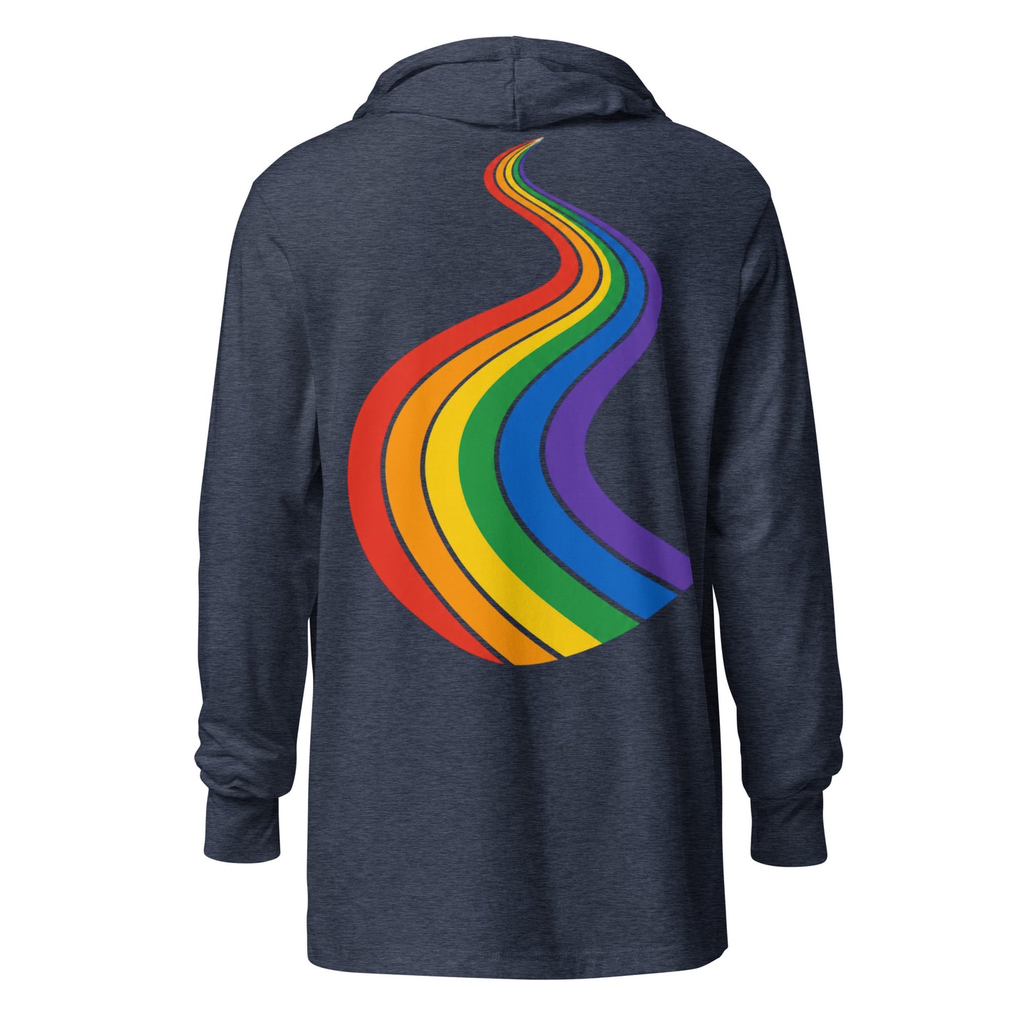 ProudPath Hooded Long Sleeve Tee — heather navy, back view, queer-owned PNW Pride apparel