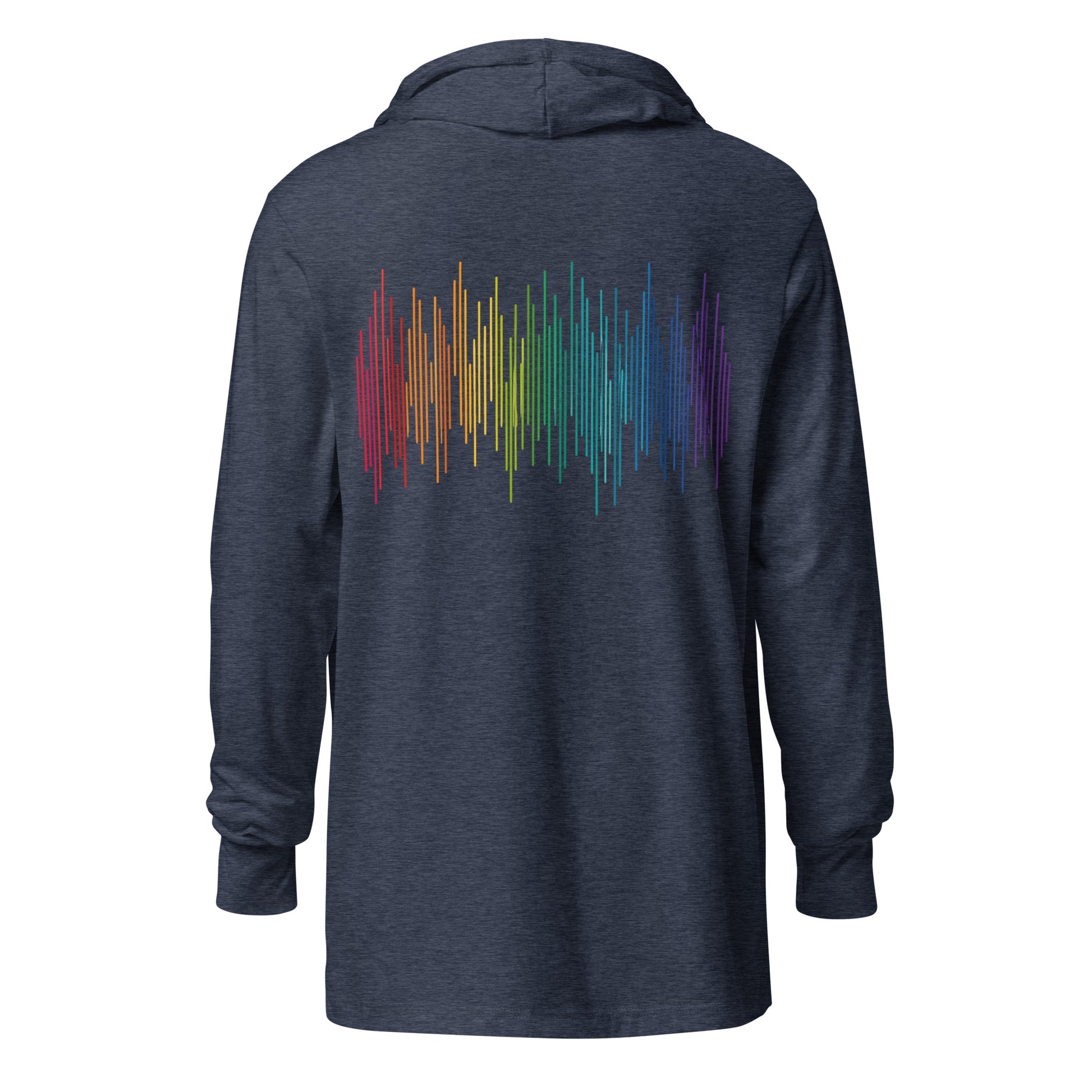 PrideFall Hooded Long Sleeve Tee — heather navy, back view, queer-owned PNW Pride apparel