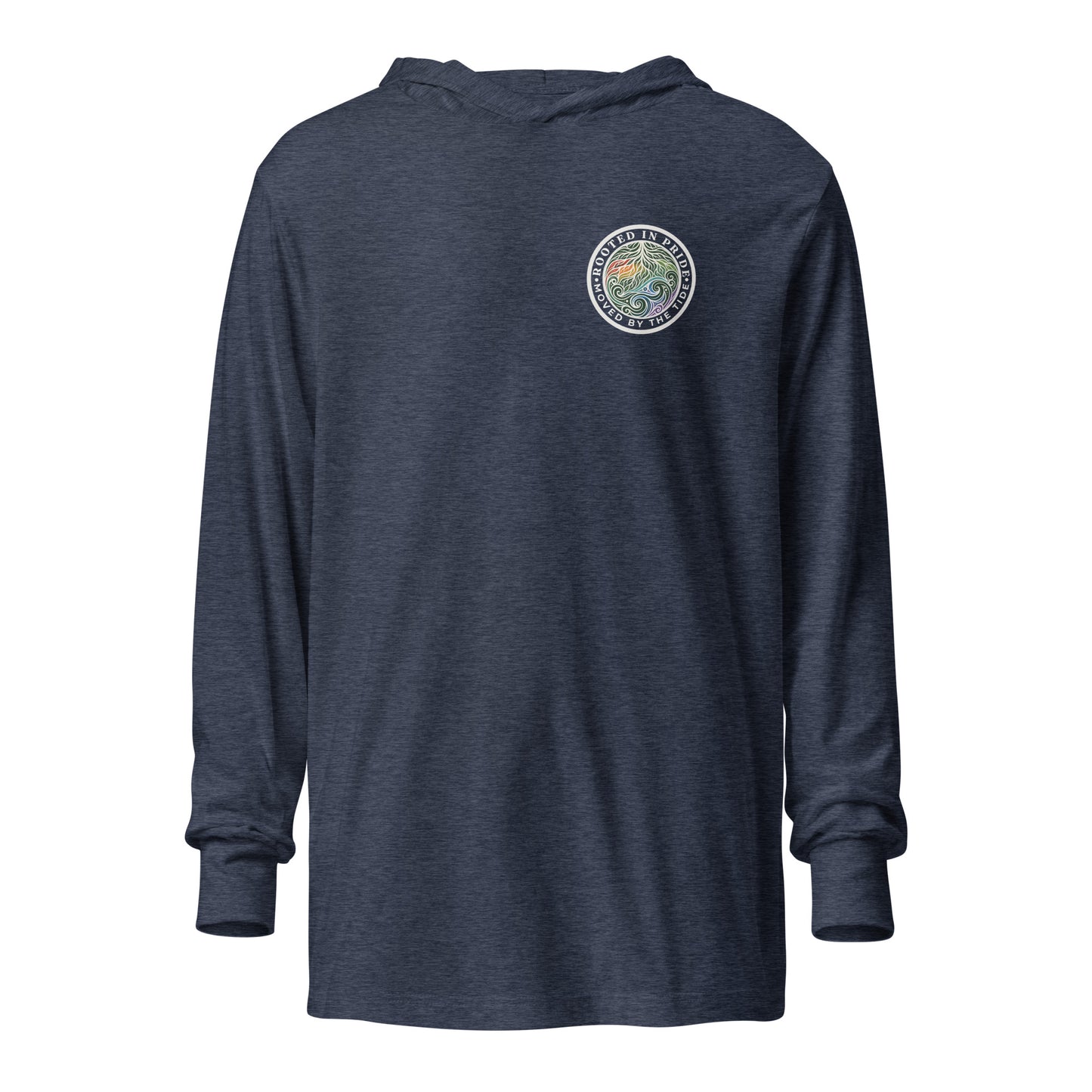 Moved by the Tide Hooded Long Sleeve Tee — heather navy, front view, queer-owned PNW Pride apparel