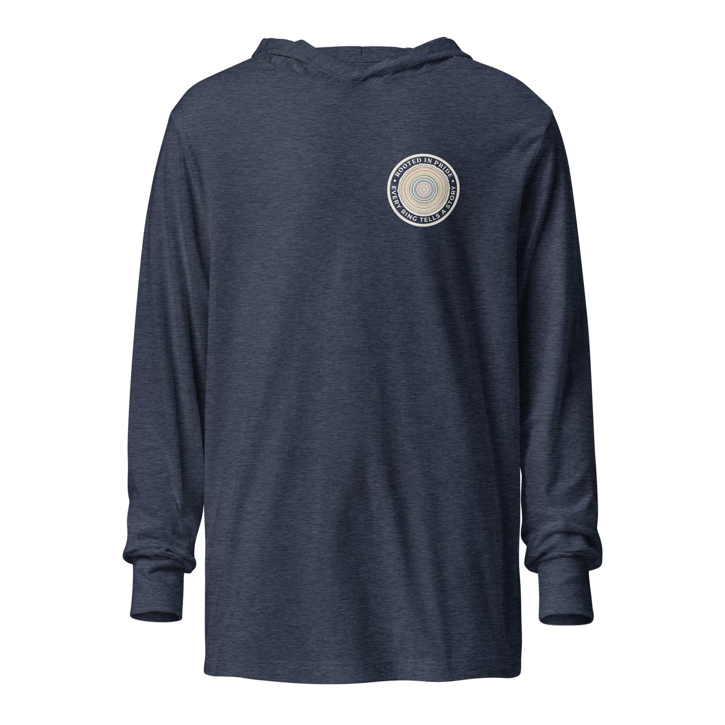 Quiet Rings Hooded Long Sleeve Tee — heather navy, front view, queer-owned PNW Pride apparel