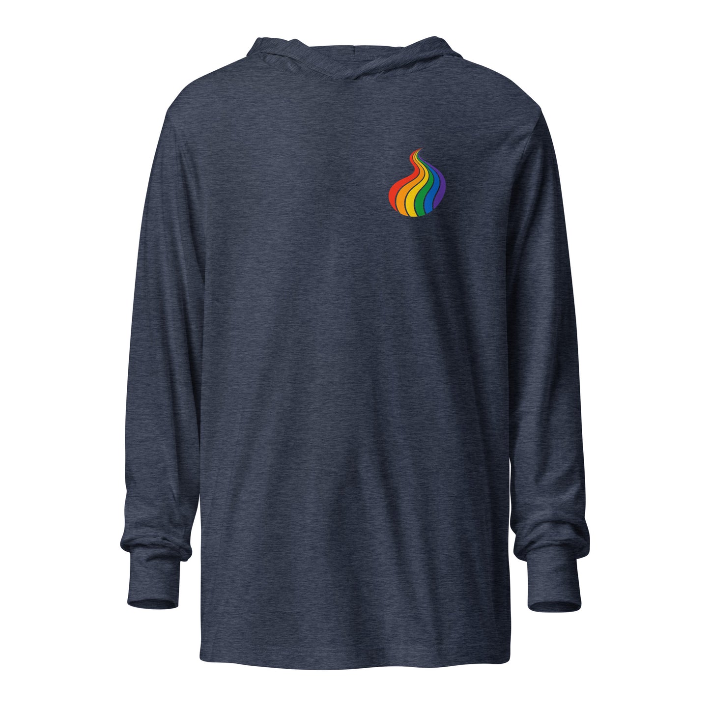 ProudPath Hooded Long Sleeve Tee — heather navy, front view, queer-owned PNW Pride apparel