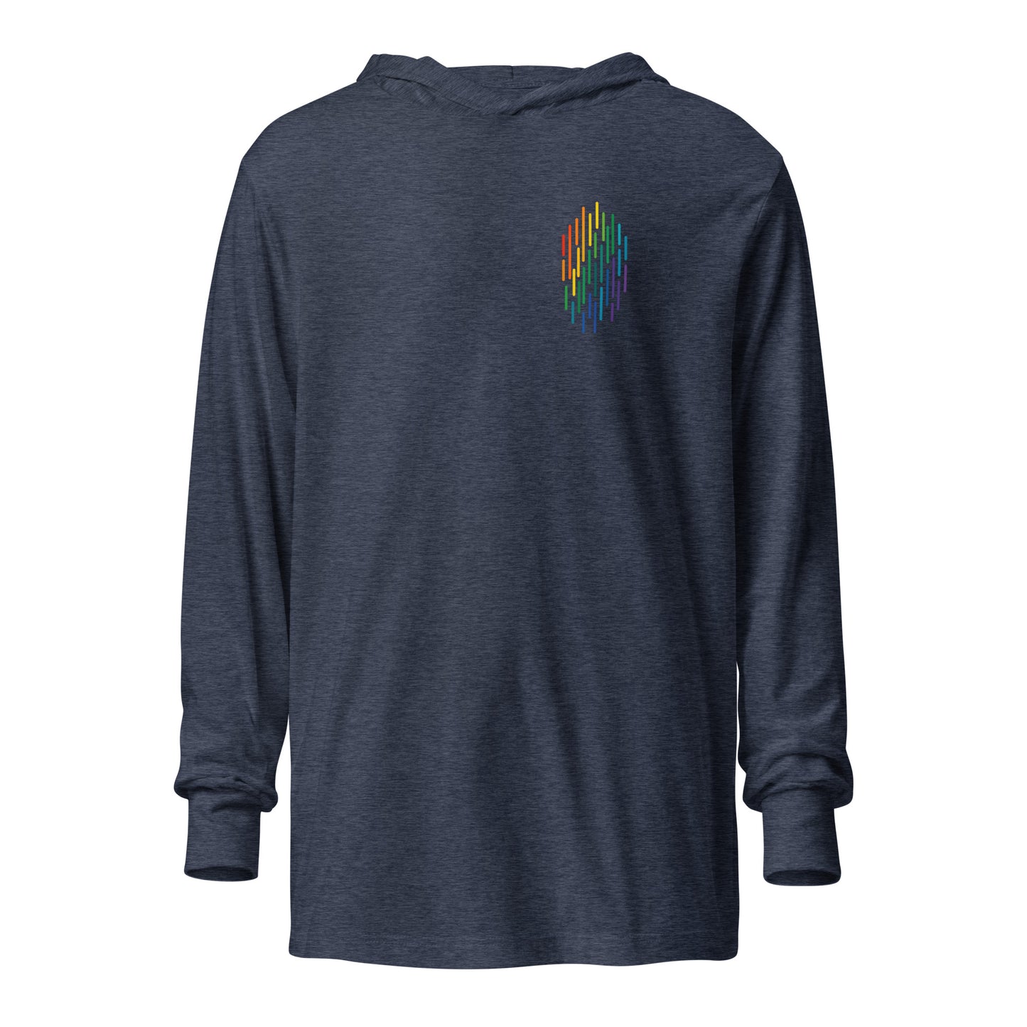 PrideFall Hooded Long Sleeve Tee — heather navy, front view, queer-owned PNW Pride apparel
