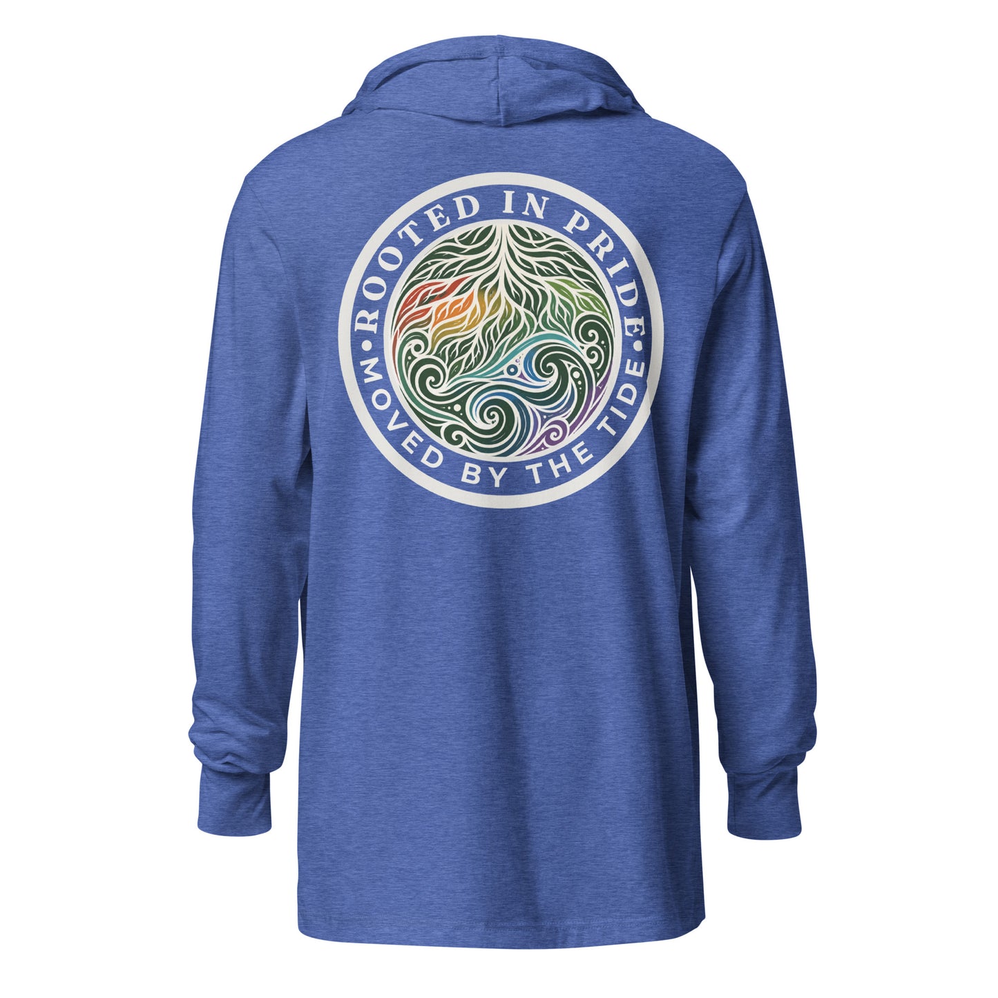 Moved by the Tide Hooded Long Sleeve Tee — heather true royal, back view, queer-owned PNW Pride apparel