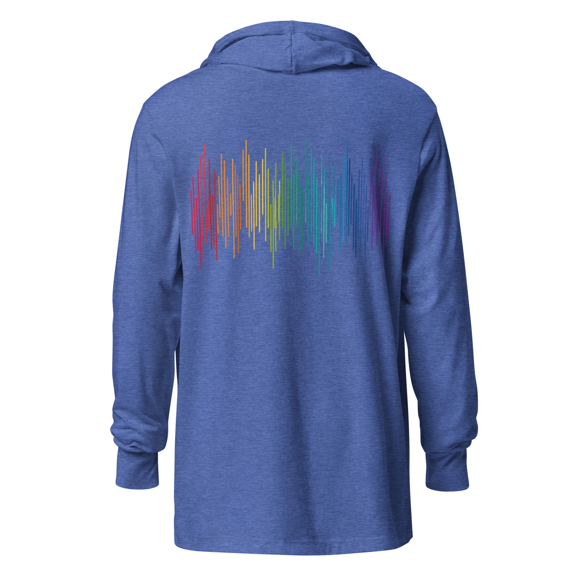 PrideFall Hooded Long Sleeve Tee — heather true royal, back view, queer-owned PNW Pride apparel