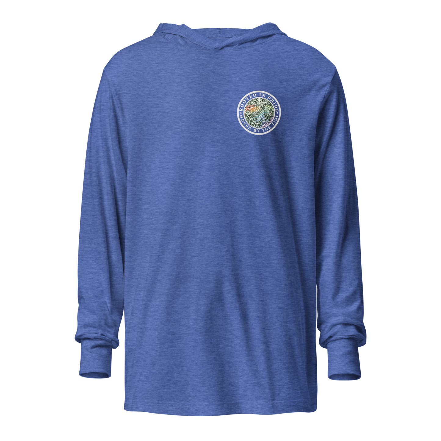 Moved by the Tide Hooded Long Sleeve Tee — heather true royal, front view, queer-owned PNW Pride apparel