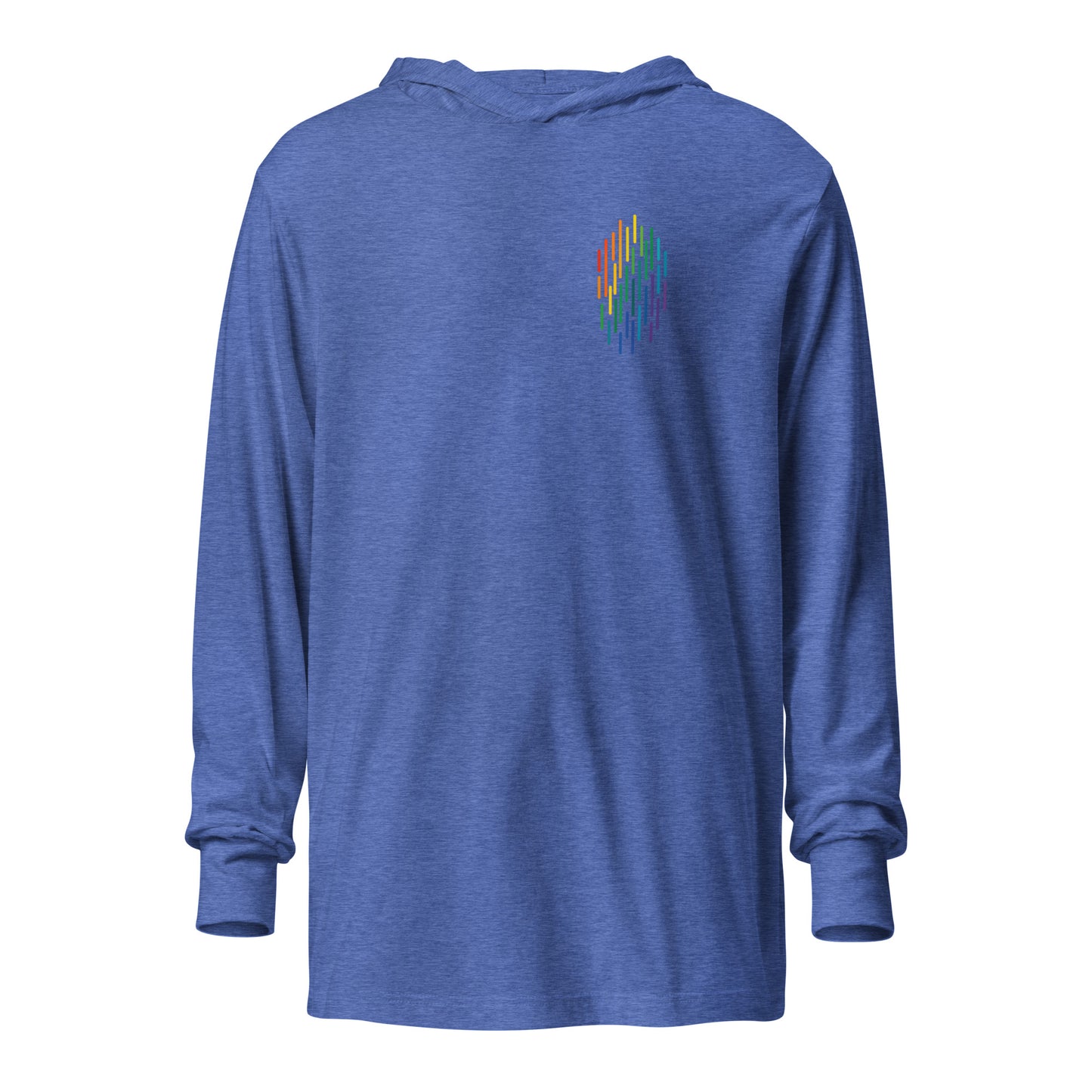 PrideFall Hooded Long Sleeve Tee — heather true royal, front view, queer-owned PNW Pride apparel