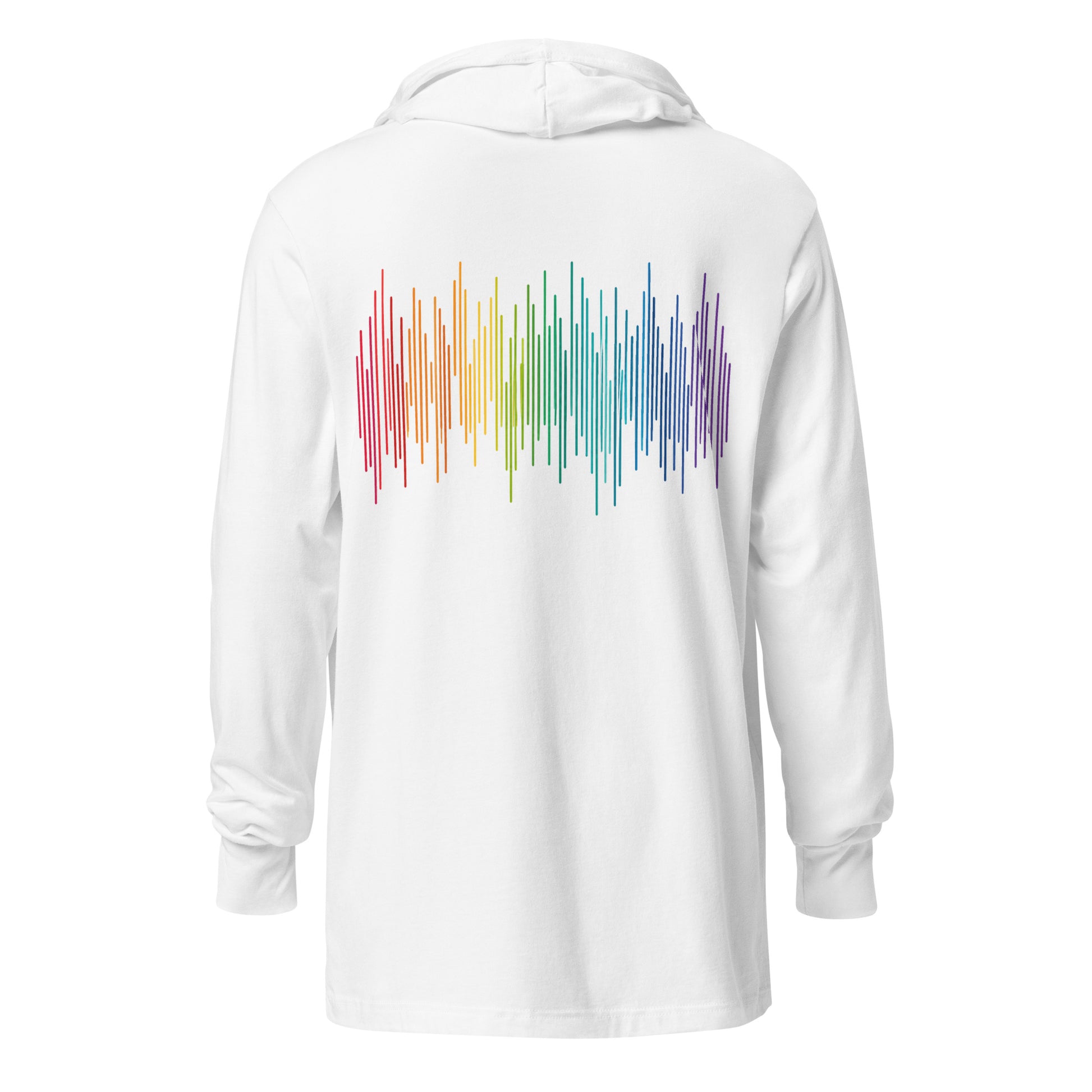 PrideFall Hooded Long Sleeve Tee — white, back view, queer-owned PNW Pride apparel