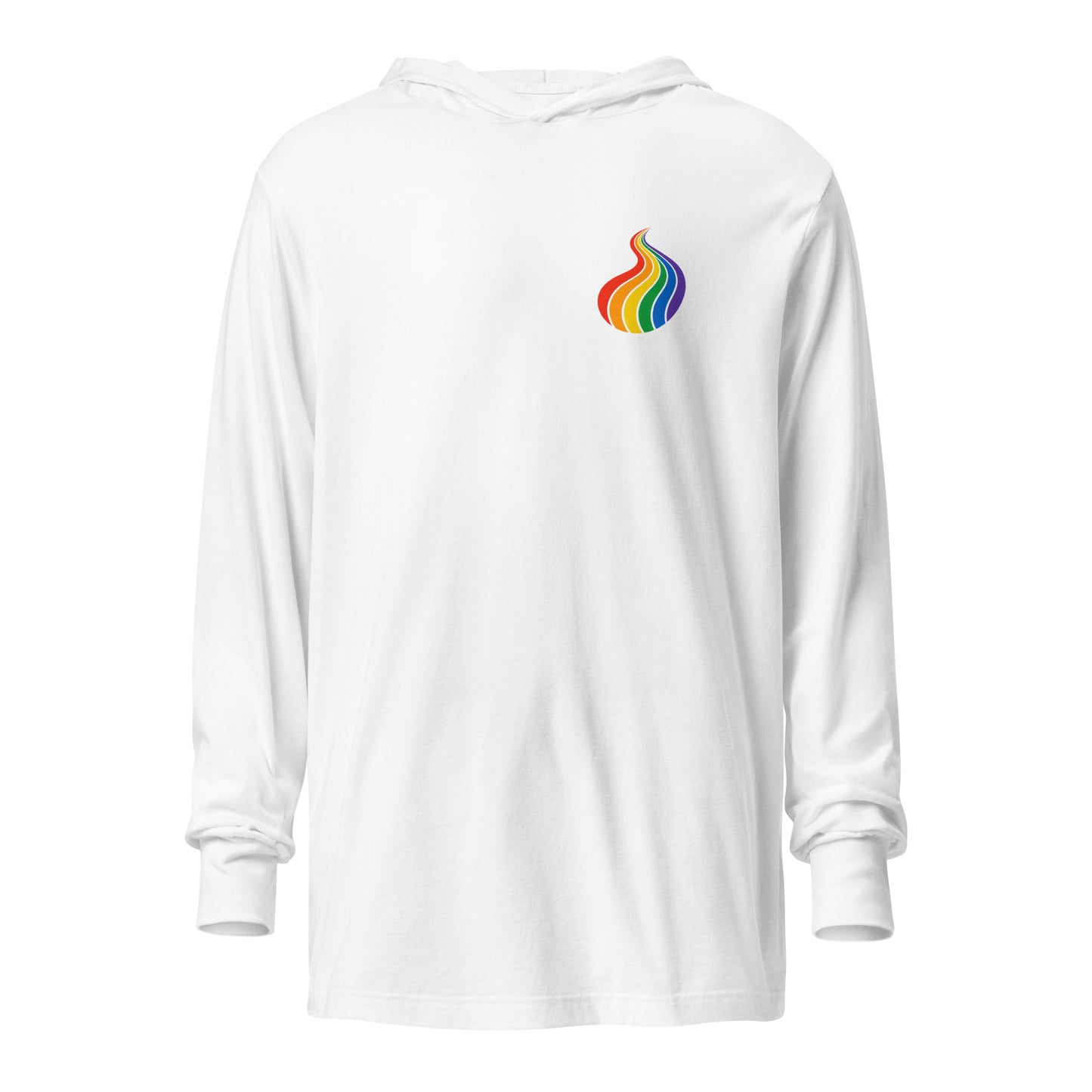 ProudPath Hooded Long Sleeve Tee — white, front view, queer-owned PNW Pride apparel