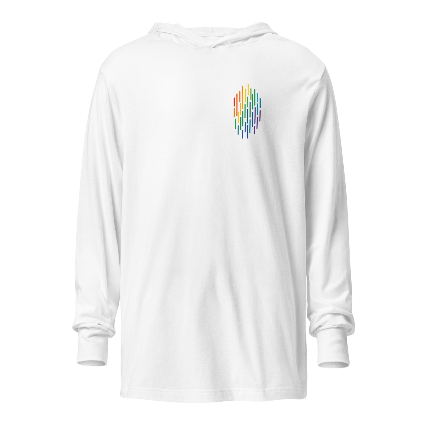 PrideFall Hooded Long Sleeve Tee — white, front view, queer-owned PNW Pride apparel