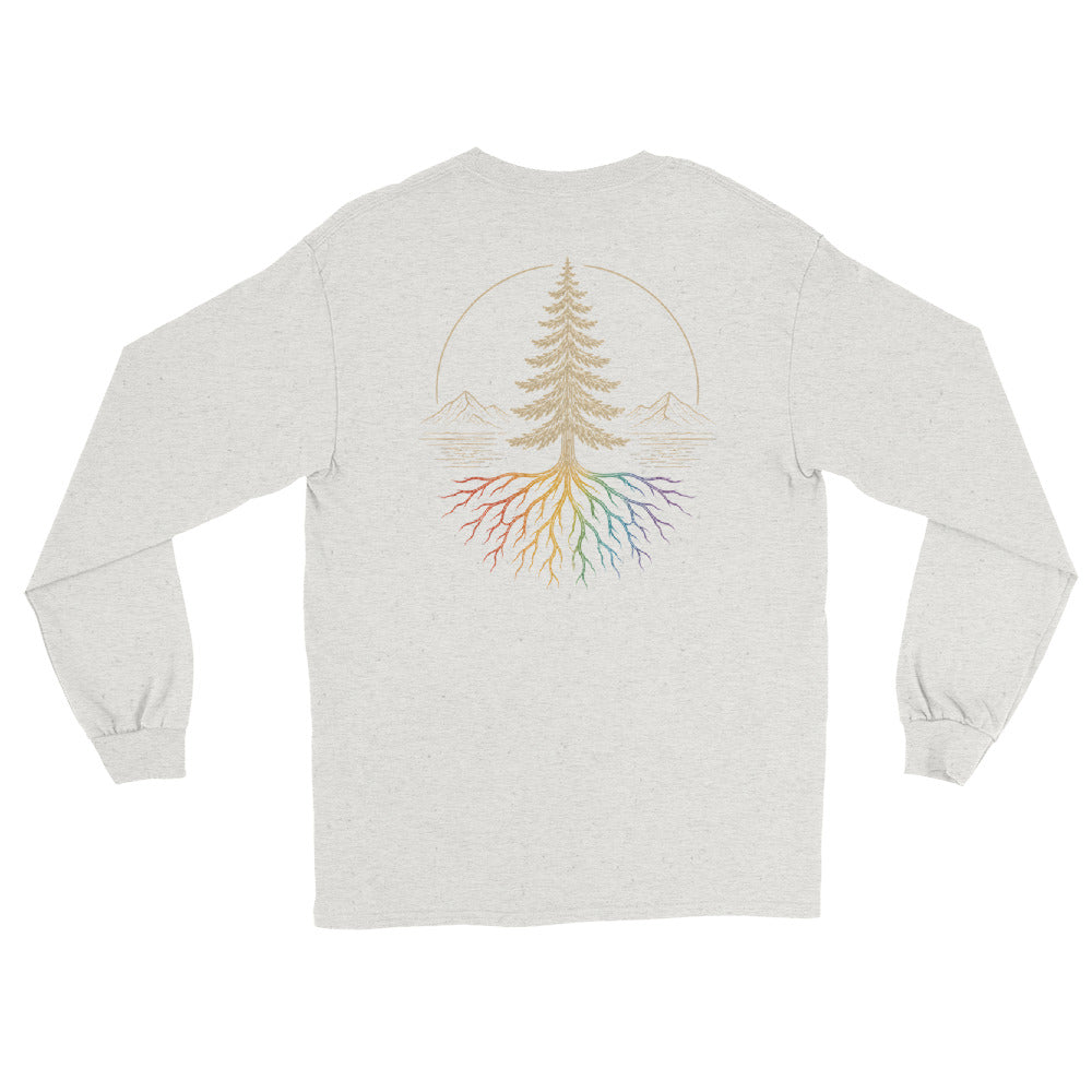 Beneath the Canopy Long Sleeve Tee — ash, back view, queer-owned PNW Pride apparel