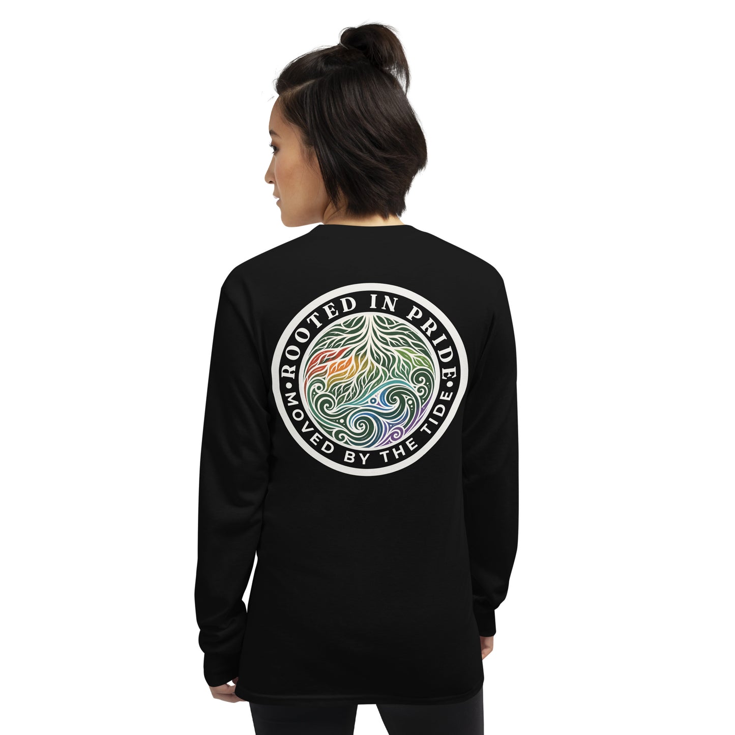 Moved by the Tide Long Sleeve Tee — black, back view, queer-owned PNW Pride apparel