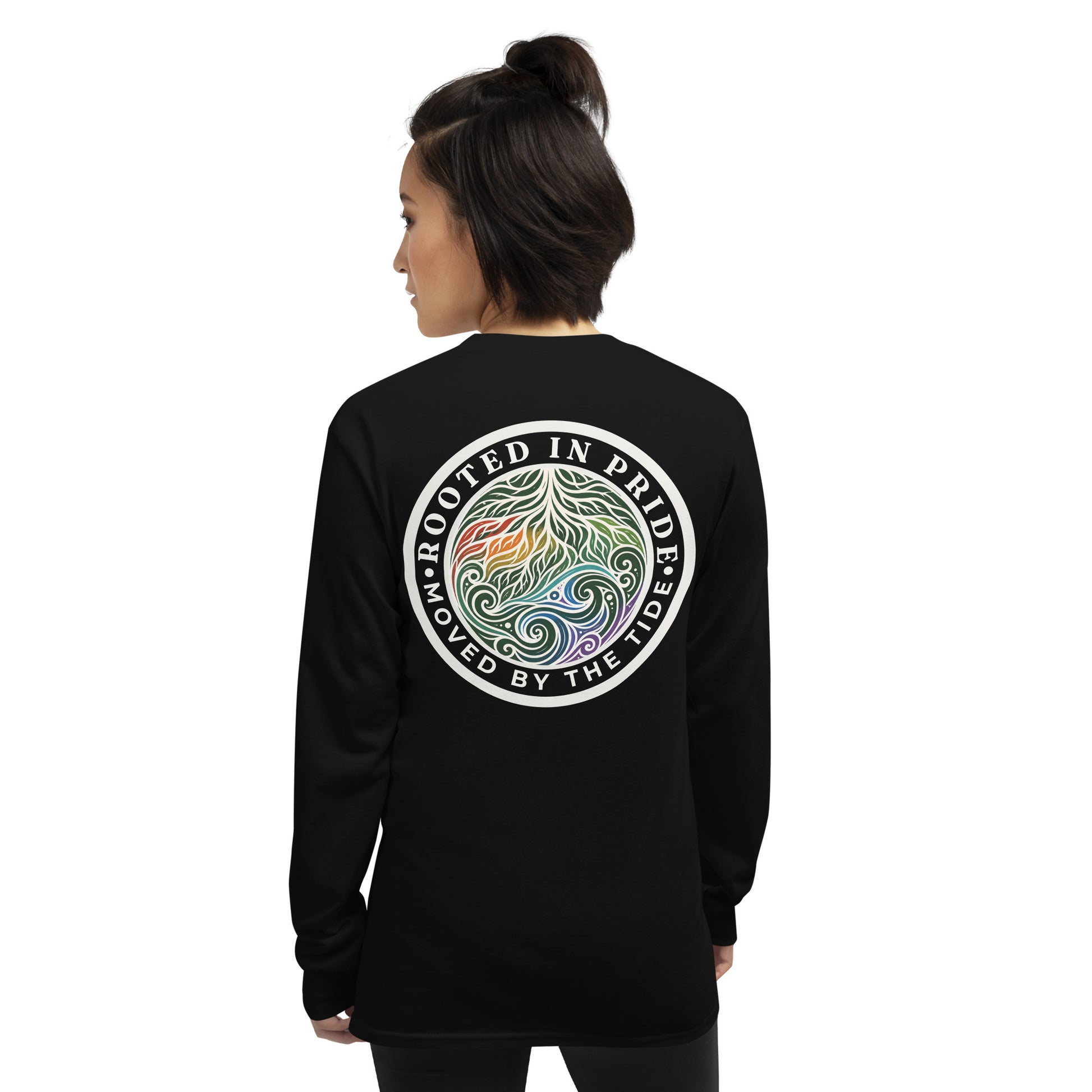 Moved by the Tide Long Sleeve Tee — black, back view, queer-owned PNW Pride apparel