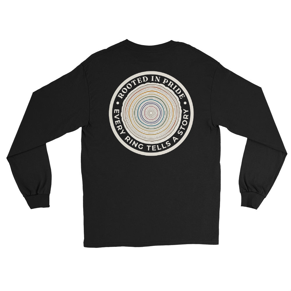 Quiet Rings Long Sleeve Tee — black, back view, queer-owned PNW Pride apparel