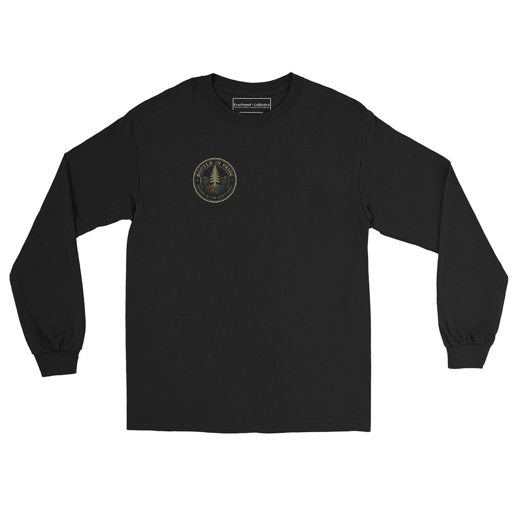 Beneath the Canopy Long Sleeve Tee — black, front view, queer-owned PNW Pride apparel