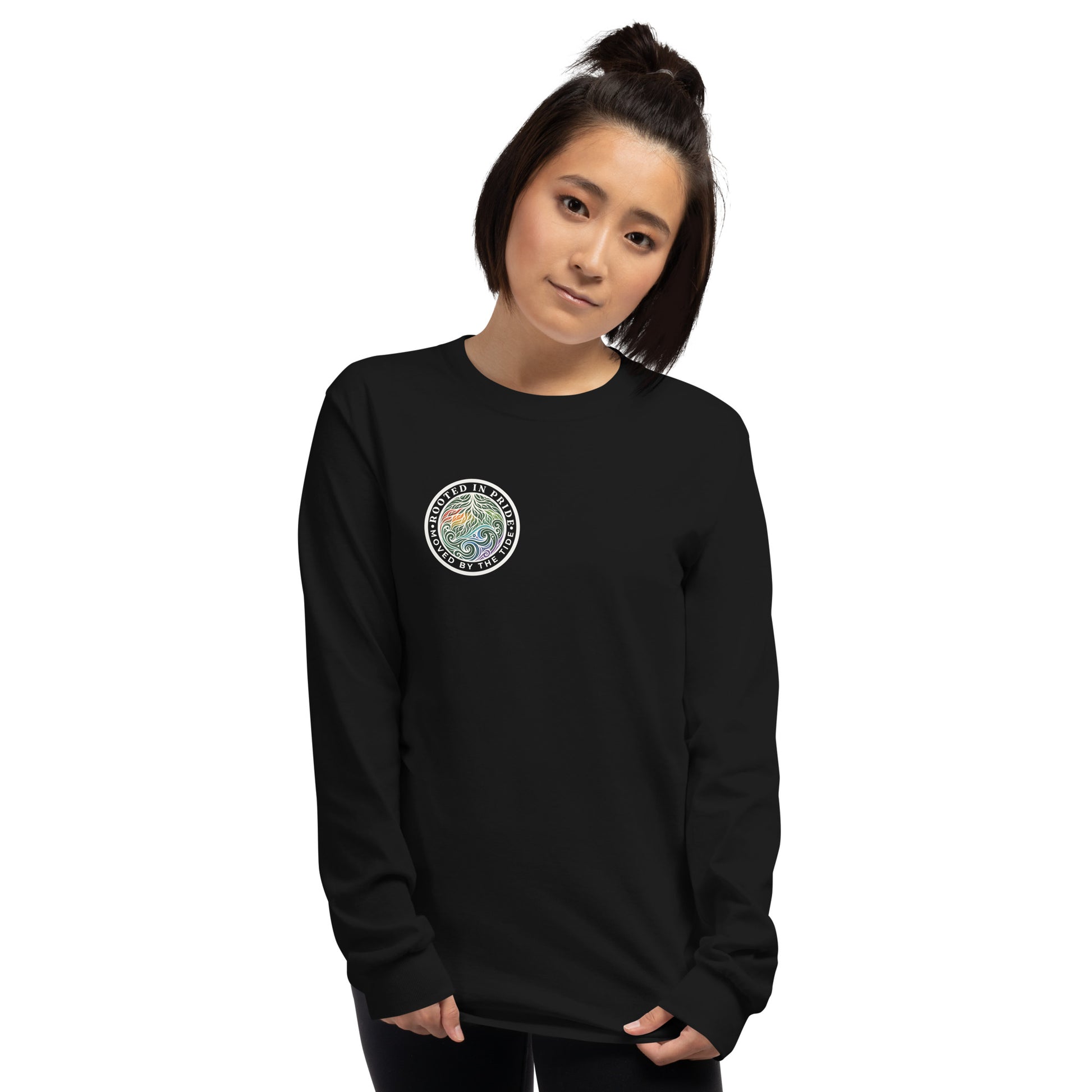 Moved by the Tide Long Sleeve Tee — black, front view, queer-owned PNW Pride apparel