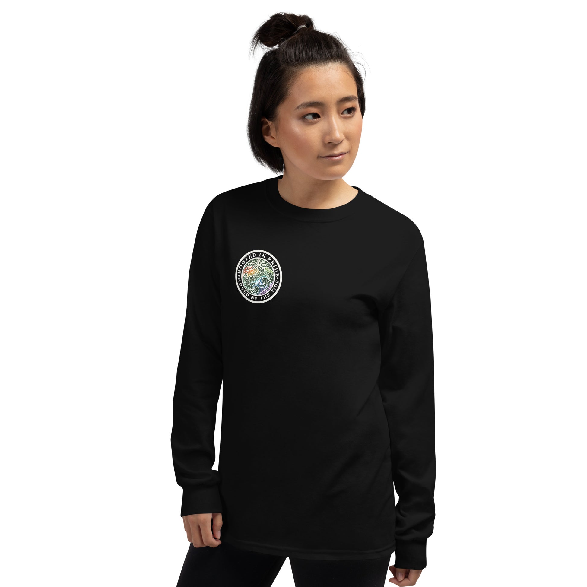 Moved by the Tide Long Sleeve Tee — black, left front view, queer-owned PNW Pride apparel