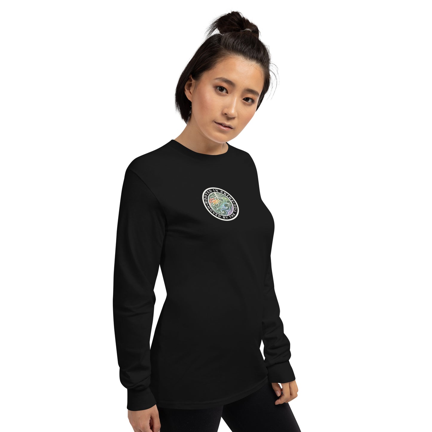 Moved by the Tide Long Sleeve Tee — black, right front view, queer-owned PNW Pride apparel