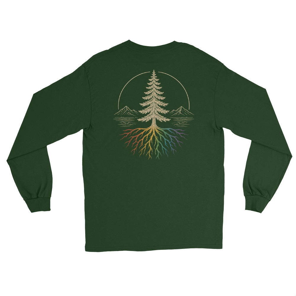 Beneath the Canopy Long Sleeve Tee — forest green, back view, queer-owned PNW Pride apparel