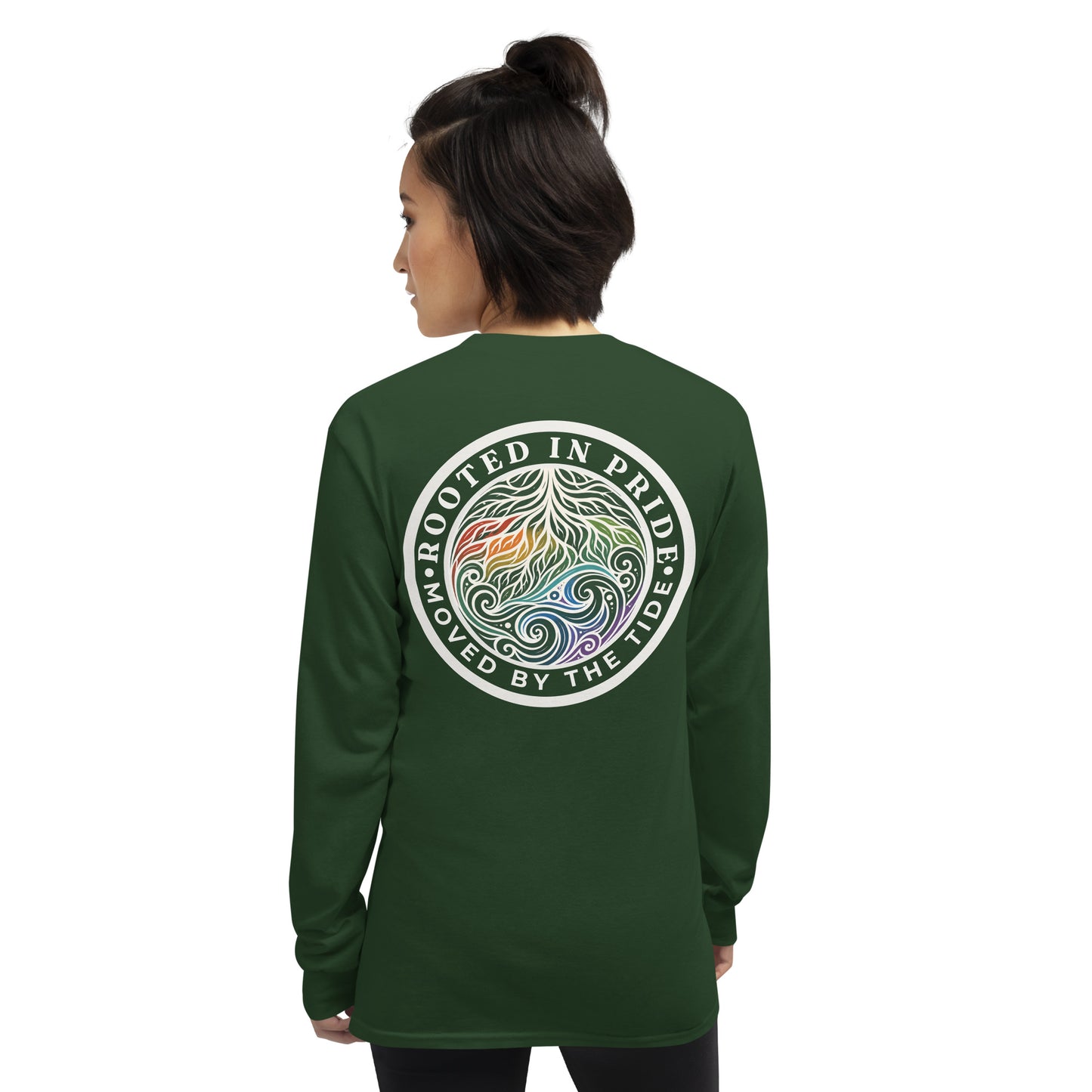 Moved by the Tide Long Sleeve Tee — forest green, back view, queer-owned PNW Pride apparel