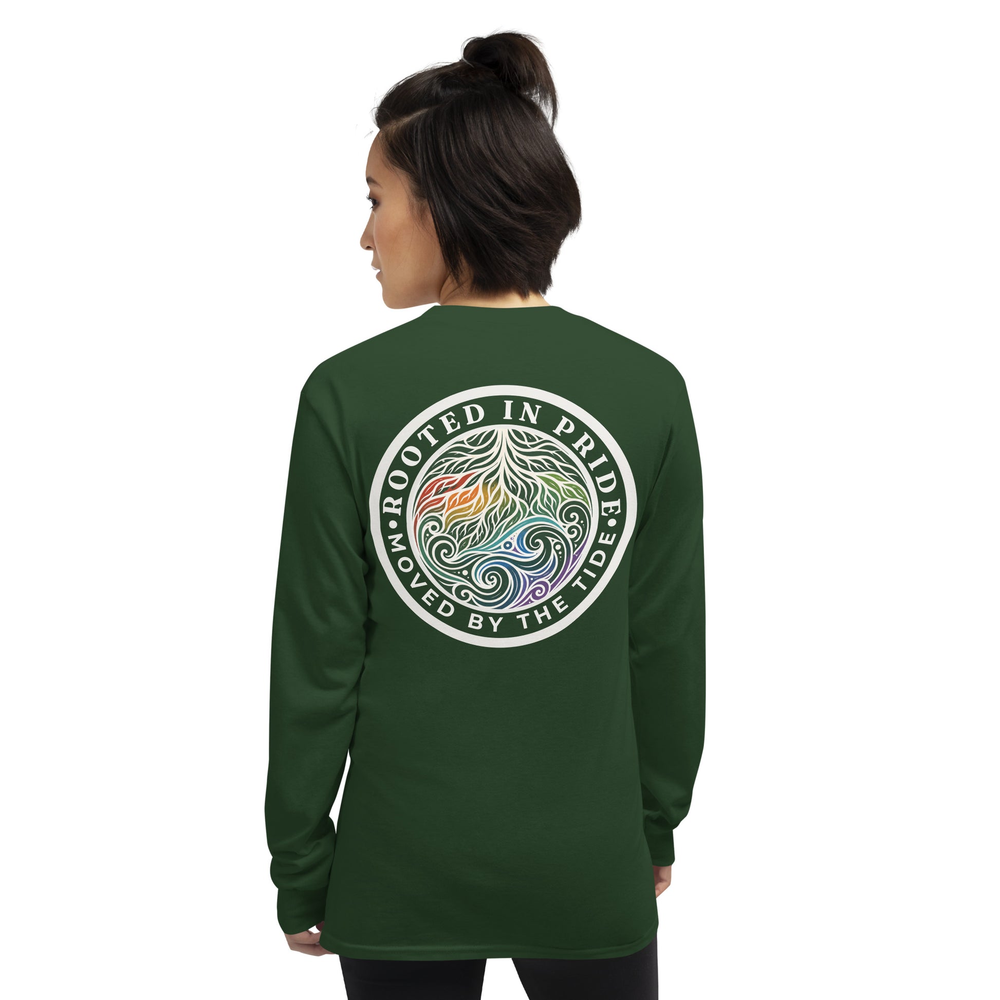 Moved by the Tide Long Sleeve Tee — forest green, back view, queer-owned PNW Pride apparel