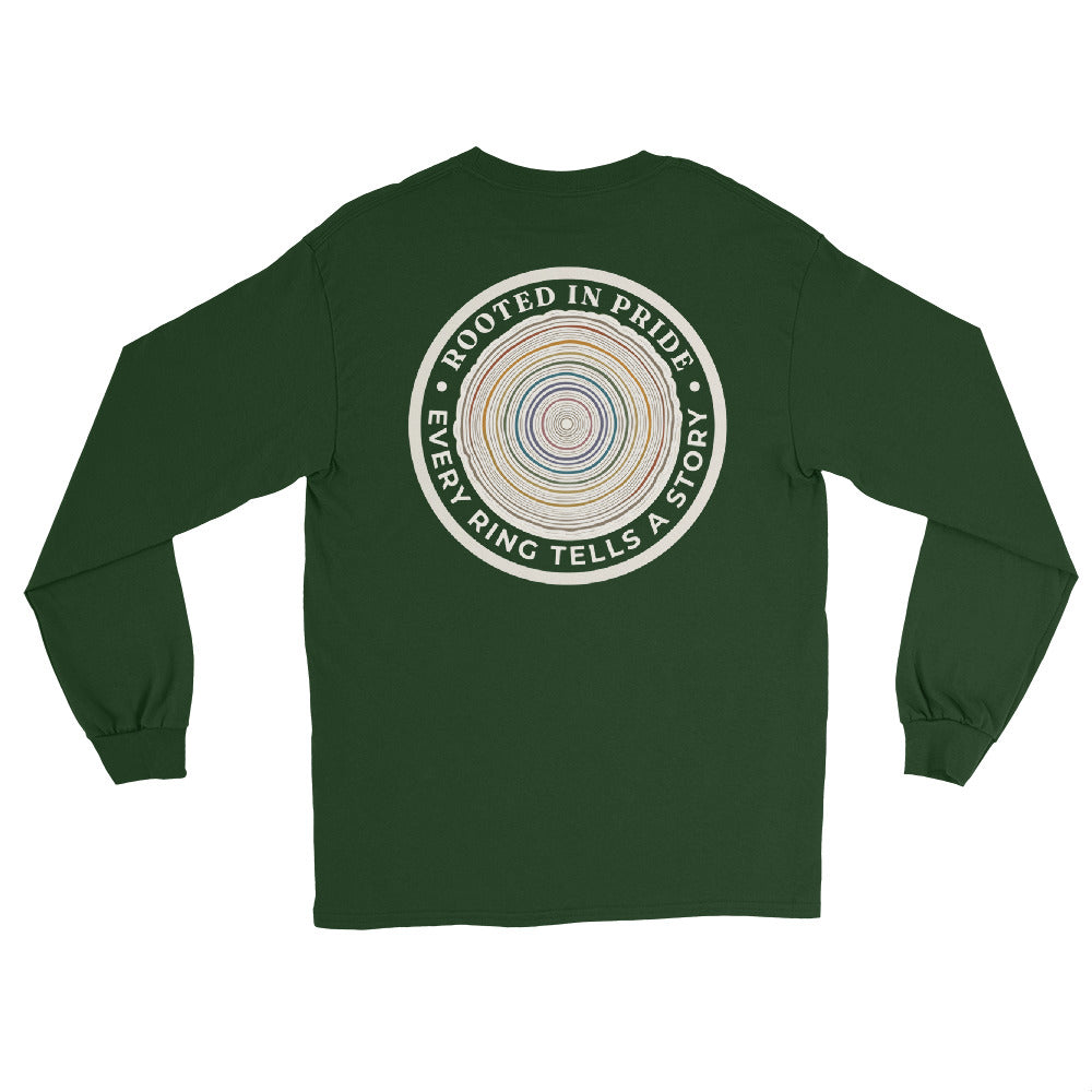 Quiet Rings Long Sleeve Tee — forest green, back view, queer-owned PNW Pride apparel