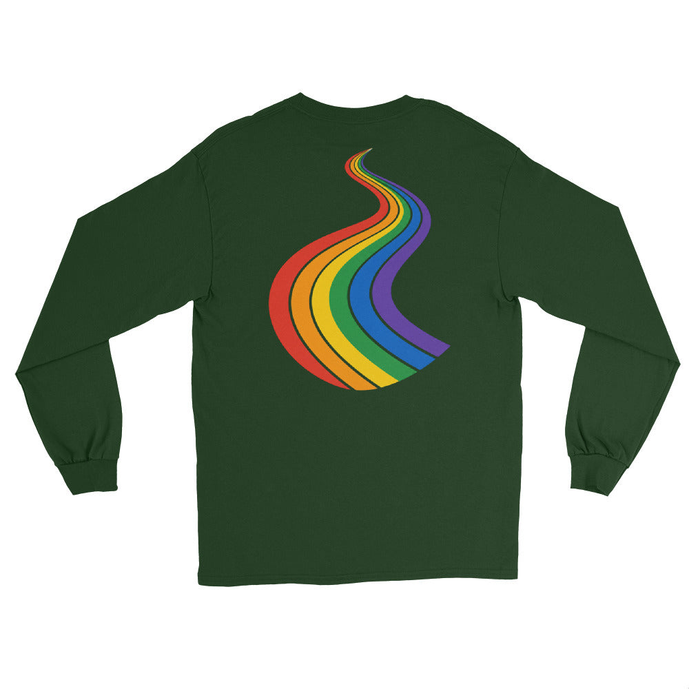 ProudPath Long Sleeve Tee — forest green, back view, queer-owned PNW Pride apparel