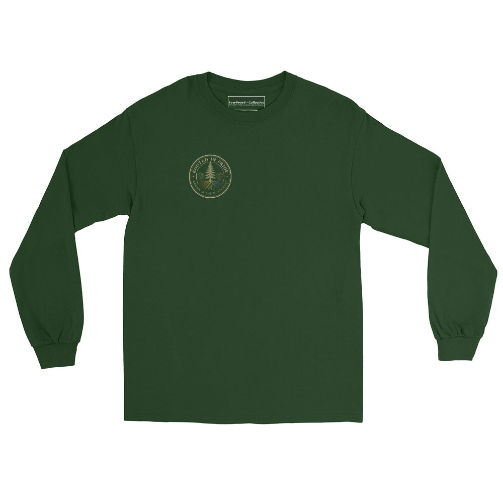 Beneath the Canopy Long Sleeve Tee — forest green, front view, queer-owned PNW Pride apparel