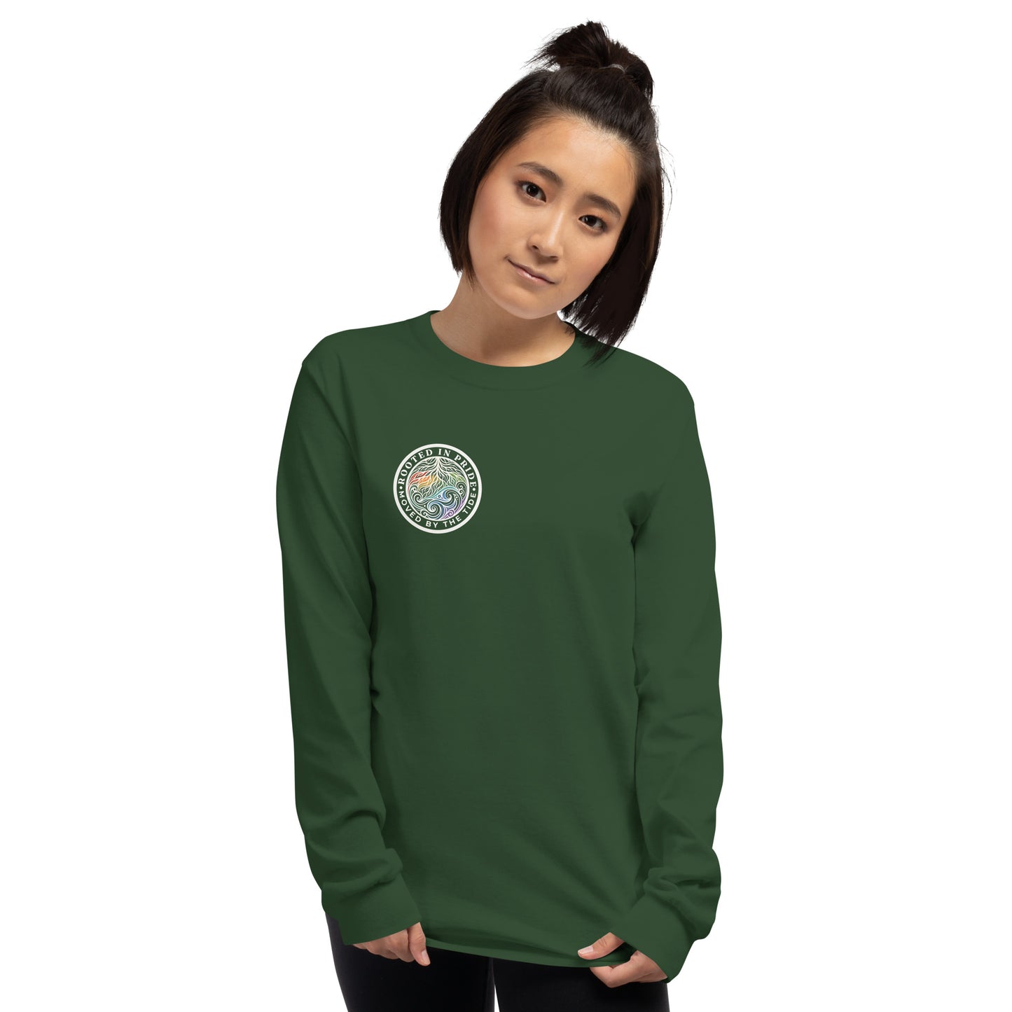 Moved by the Tide Long Sleeve Tee — forest green, front view, queer-owned PNW Pride apparel