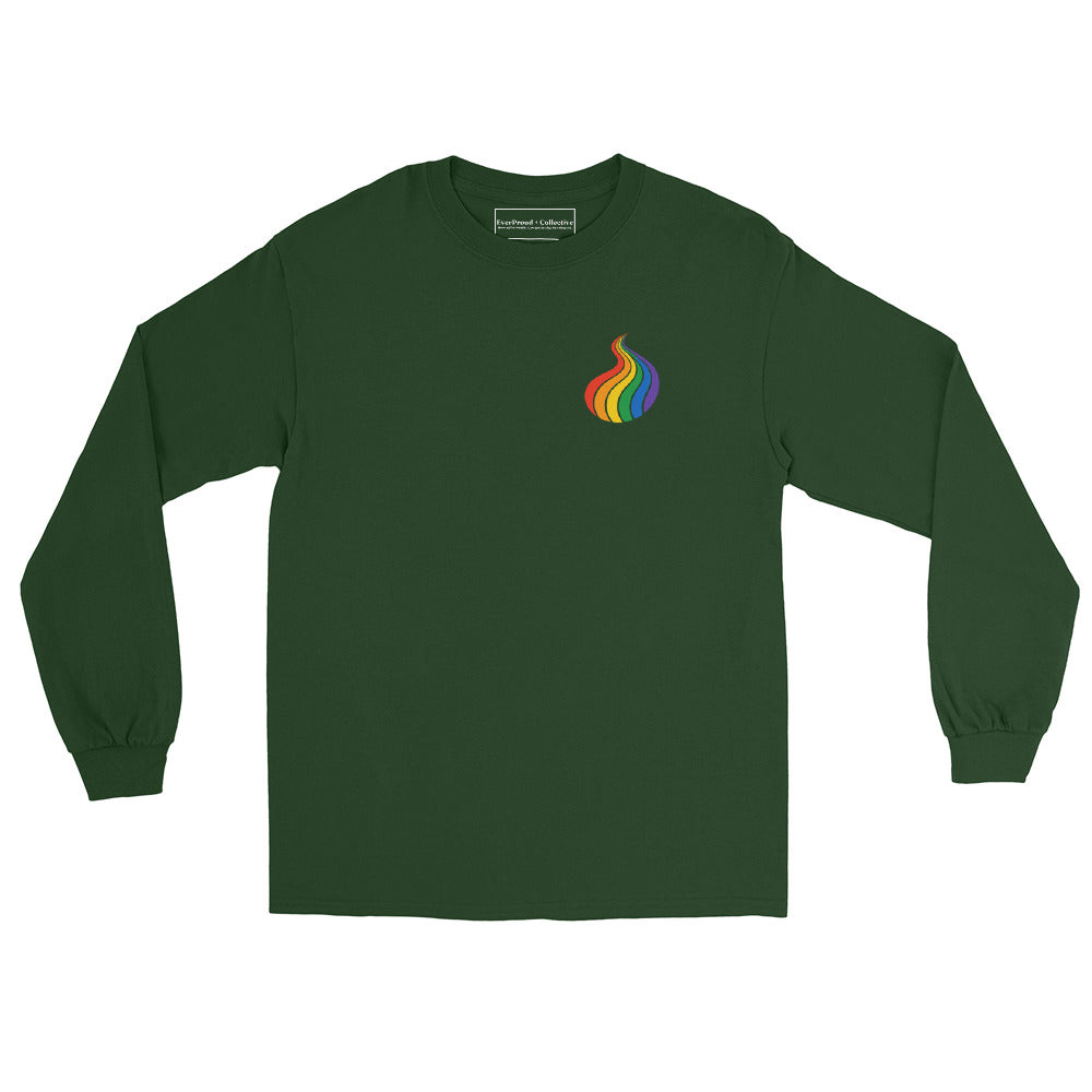 ProudPath Long Sleeve Tee — forest green, front view, queer-owned PNW Pride apparel