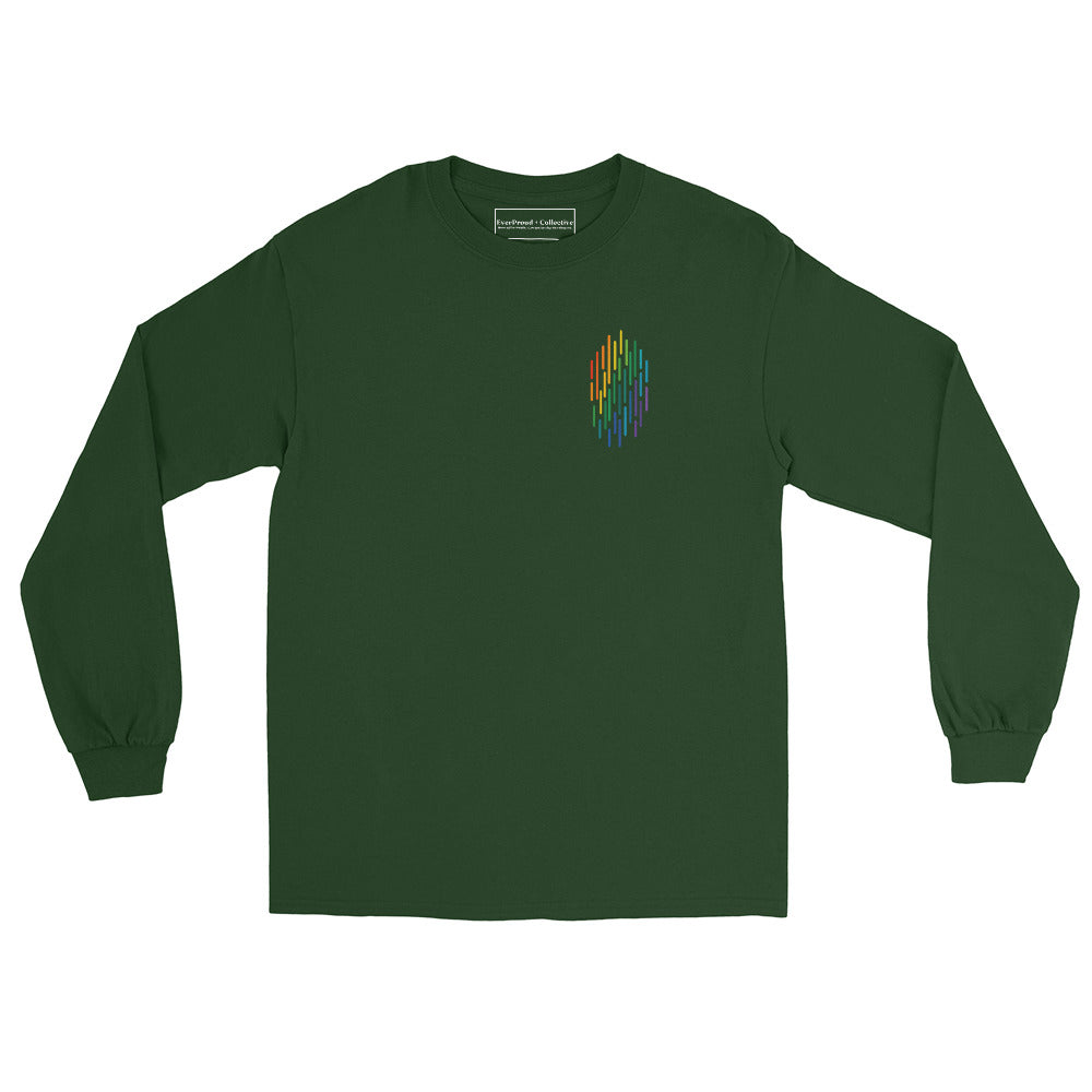PrideFall Long Sleeve Tee — forest green, front view, queer-owned PNW Pride apparel