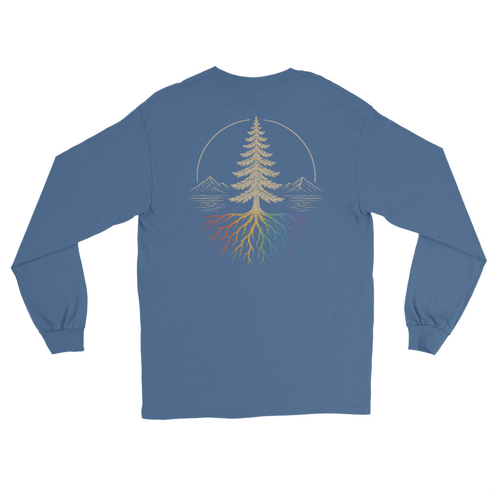 Beneath the Canopy Long Sleeve Tee — indigo blue, back view, queer-owned PNW Pride apparel