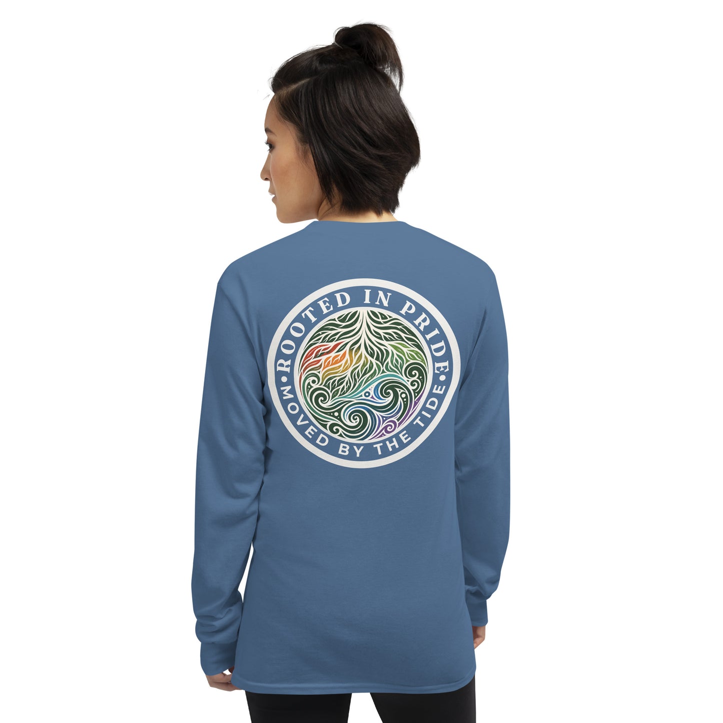Moved by the Tide Long Sleeve Tee — indigo blue, back view, queer-owned PNW Pride apparel