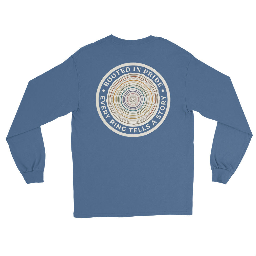 Quiet Rings Long Sleeve Tee — indigo blue, back view, queer-owned PNW Pride apparel