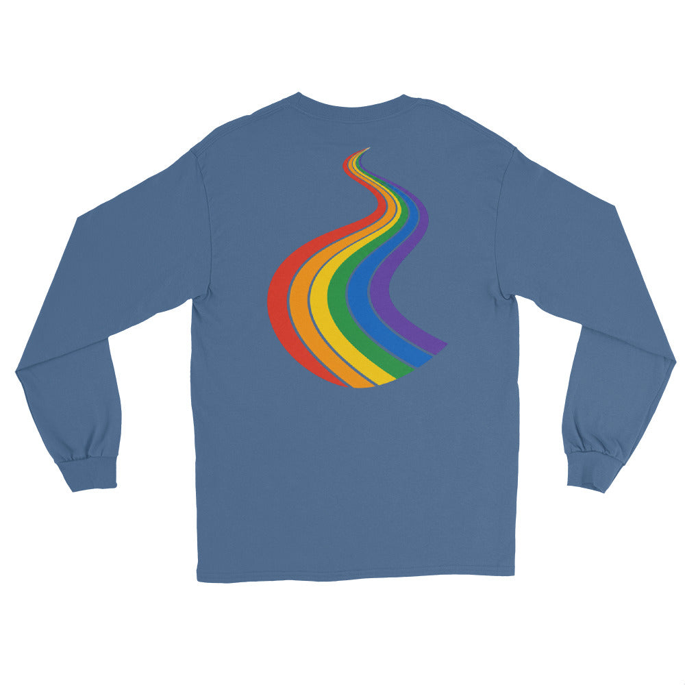 ProudPath Long Sleeve Tee — indigo blue, back view, queer-owned PNW Pride apparel