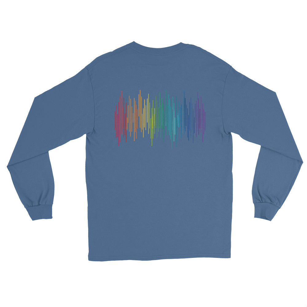 PrideFall Long Sleeve Tee — indigo blue, back view, queer-owned PNW Pride apparel