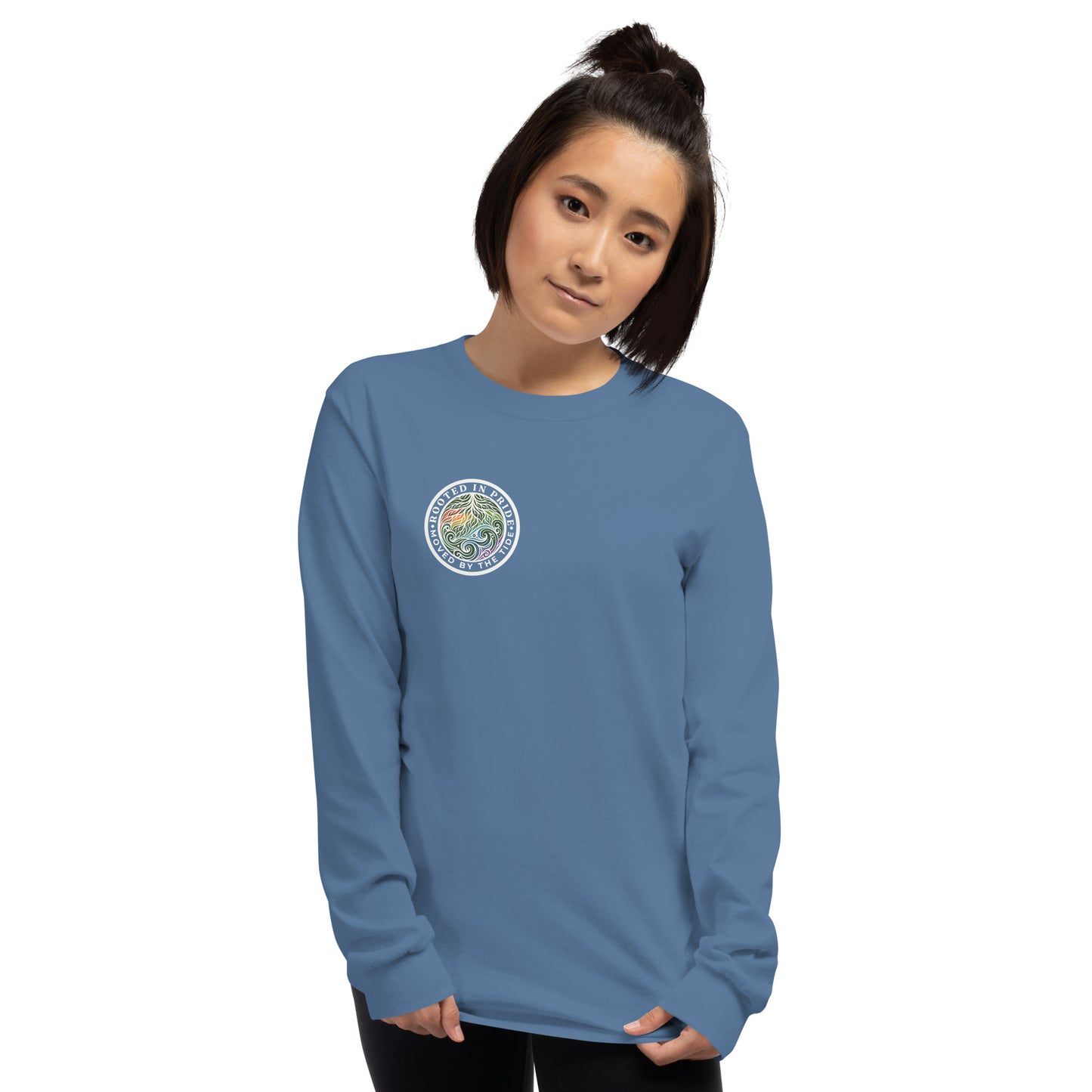 Moved by the Tide Long Sleeve Tee — indigo blue, front view, queer-owned PNW Pride apparel