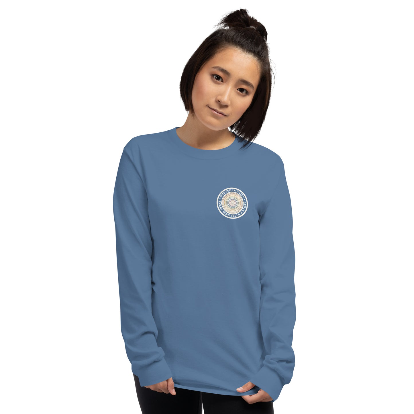 Quiet Rings Long Sleeve Tee — indigo blue, front view, queer-owned PNW Pride apparel